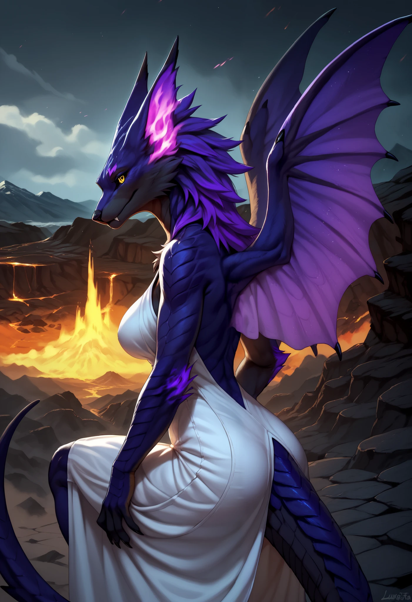 character portrait of a,anthro,female,lunastra,solo,hi res,
detailed background,outdoors,by kame 3,three-quarter view,yellow eyes,black sclera,volcano,purple fire,white dress,wings,