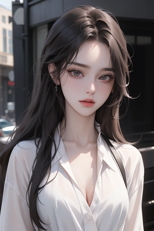 (Face Shape: Round face),(Eyes: Icy gaze that exudes modern sophistication, accented by dark and deep eyeshadow and muted eye color),(Nose: Mature and aloof, enhancing the overall sense of modernity),(Mouth: Neutral lips that hint at emotional detachment),(Skin: pure skin),(Figure:wide hip, thigh gap, small breast, slender), (Overall Impression: korea young woman)