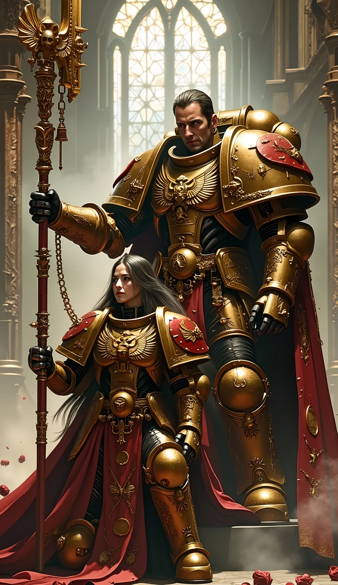 Change the female character armor to the one of "Sisters of Battle", add very large amount of details and purity seals to her armor. The male character is a Custodes with a Bolterhelberd.