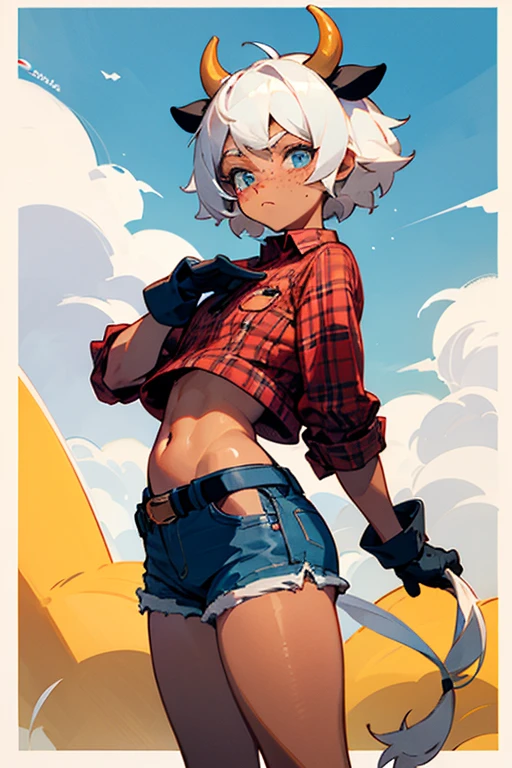 Best quality, super detailed illustration, warm colors, Ideal lighting, (Fluffy cow femboy:1.4), white fur with black spots ,feminine face and body, disheveled thick gray hair, short shorts, Cowboy clothes, with a ranch in the background, smug smile, half-closed eyes , Femboy, slim, perfect body, DND style