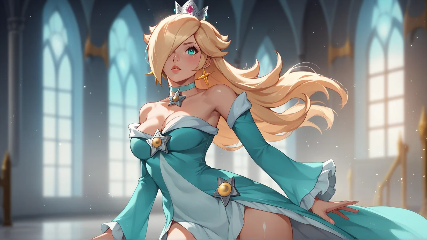 ((masterpiece)), ((best quality)), (detailed), perfect, solo, rosalina, blue dress, crown, classy, blonde, long hair, huge breast, deep cleavage, lying down