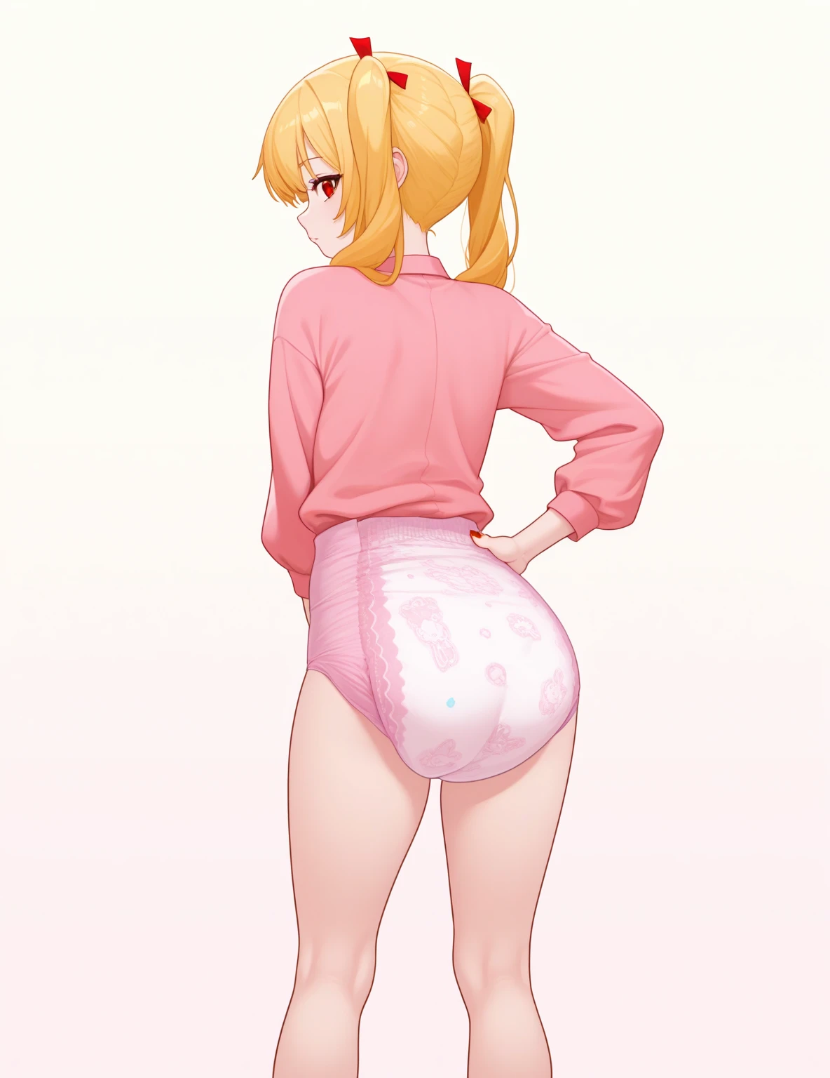1girl, pink shirt, hand on own hip, ass, thighs, kneepits, red nail polish,
abu littlekings, diaper, rabbit print, back-print diaper, polka dot,
simple background, pastel yellow background,
rating safe, red eyes, long blonde hair, pigtails
masterpiece, best quality, amazing quality, newest,
