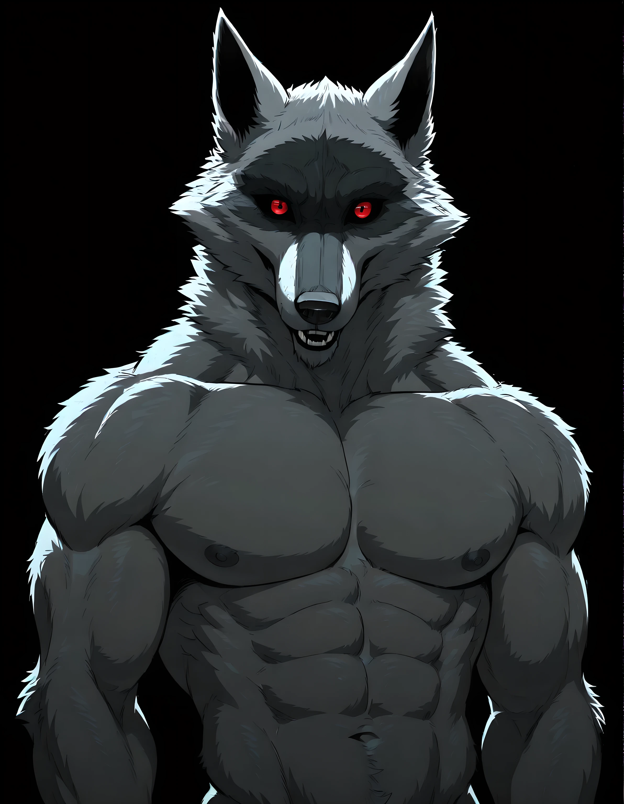 deathWolf, silver fur, black sclera, red eyes, detailed eyes, male, solo, shirtless, black background, simple background, cel shaded