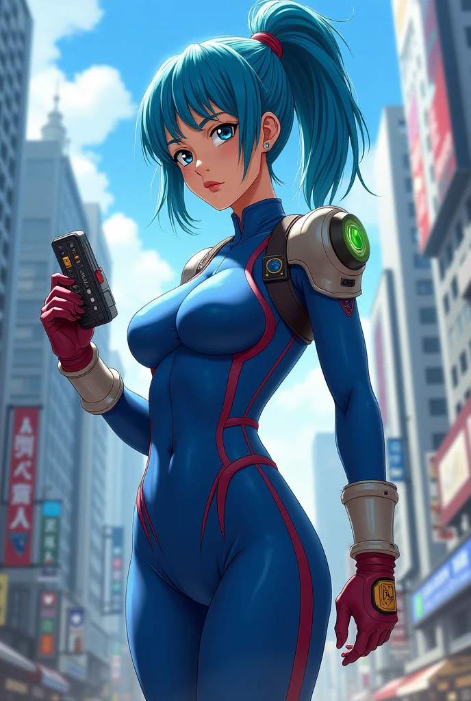 A super heroine (nurse themed outfit, athletic, amazing eyes, tool bag for surgery) in a heroic pose, aliens invade Tokyo