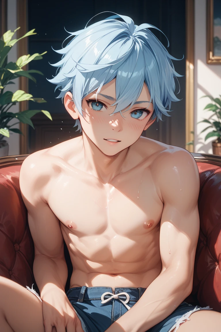 masterpiece, best quality, high quality,  1boy,10yo,, male focus, full body, looking at viewer, white blue hair,spiky hairstyle, short hair, steam smork, japan style,  anime coloring, crying, home muji style, detailed face, topless, white towel on waist,finely eye and detailed face,bulge