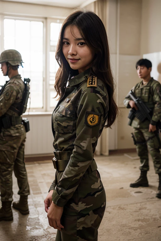 ((Best Quality, masutepiece, 超A high resolution、The most complex and detailed depictions))、1 female Ground Self-Defense Force member、Self-Defense Force Uniforms、perfect self defense uniform、Camouflage pattern clothing、Shot from the waist up、Perfect gas chamber、huge smile、A detailed face、Completely reproduces the fine details of the Self-Defense Forces、perfect army background、The background is the Self-Defense Forces' outdoor training range..、perfect arms、Perfect fingers
