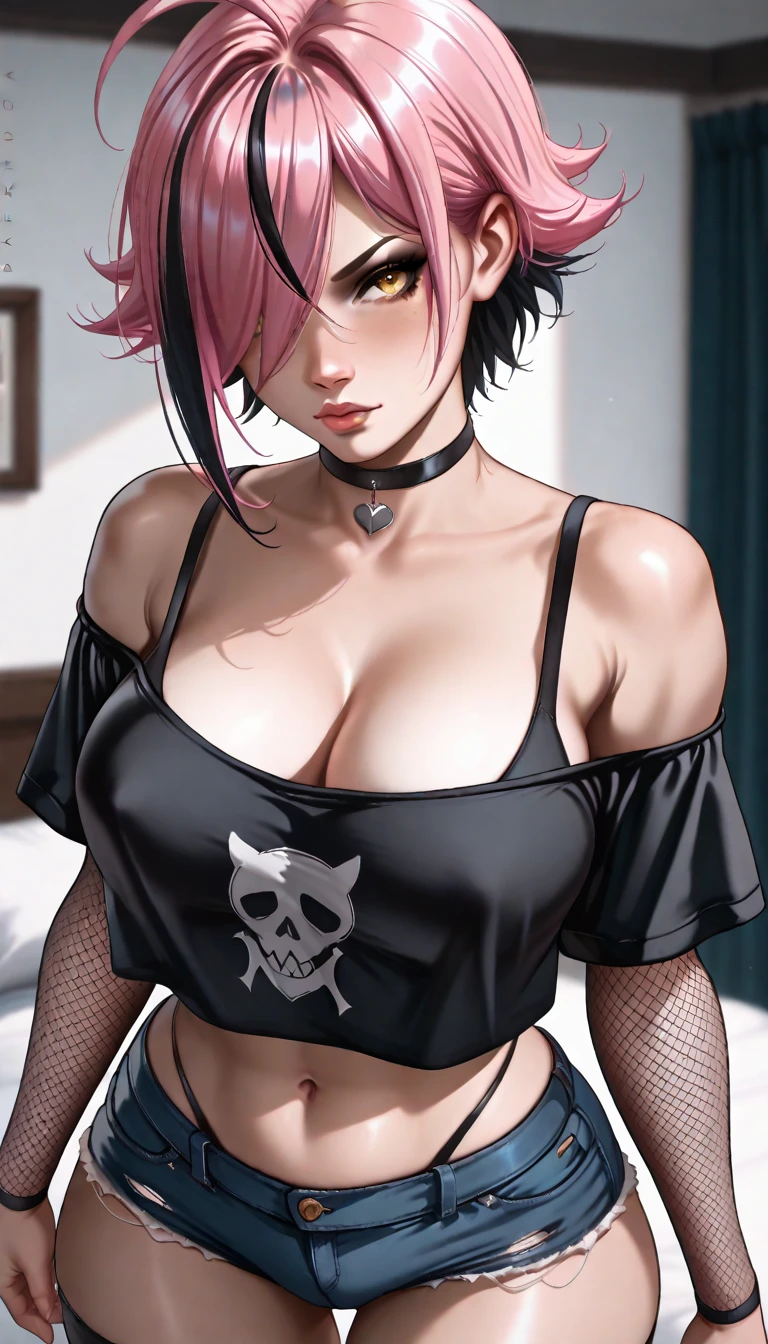 Mangwa panel anime girl short purple hair with red eyes dressed in rough but sensual clothes