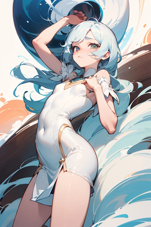 magra e desnutrida, Alta com pernas longas, your skin is pale white, Seus olhos tem muita olheira, Her hair is short and white, she is only wearing white panties and a white strap top, deitada em uma cama