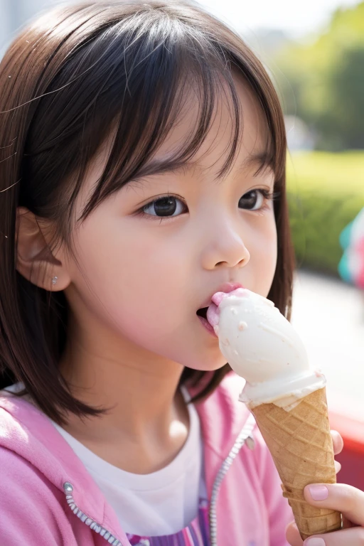 araffed child eating an ice cream cone with a ponytail, eating ice - cream, eating ice cream, ice cream on the side, ice cream cone, ice cream, yummy, ice cream cones, eating, kid, cone, kids, whipped cream, mountains of ice cream, toddler, cutest, licking tongue, very tasty, having a snack, yum