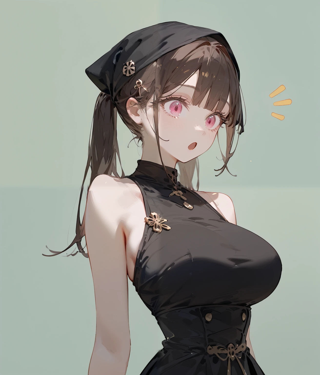 girl,wearing a sleeveless black dress,Dark Brown Hair,In pink eyes ,for short hair, double ponytail,Slim Gold Hairpin,Very thin,big breasts, small waist ,long skirt,Black headscarf, light green background,Long eyelashes,Open your mouth,shy,long hair,Upper Body,surprised,