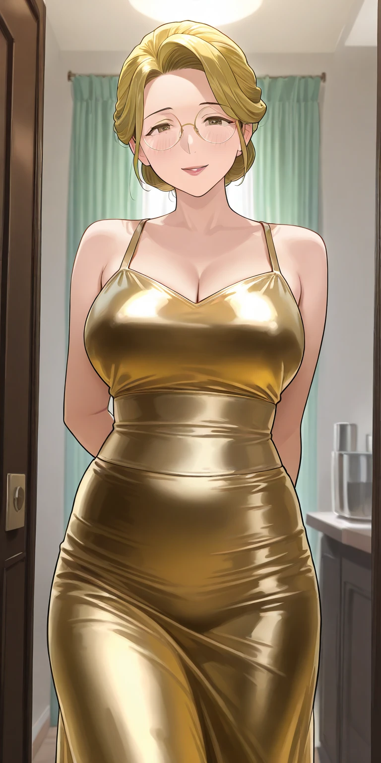1,short hair,Photorealism,detailed,masterpiece,Mature,((full)), (Broad shoulders), ((huge)),Gold Suit,Showing cleavage,See the thighs,Visit the mall,Clutch bag,Smile,masterpiece,Fine quality illustrations