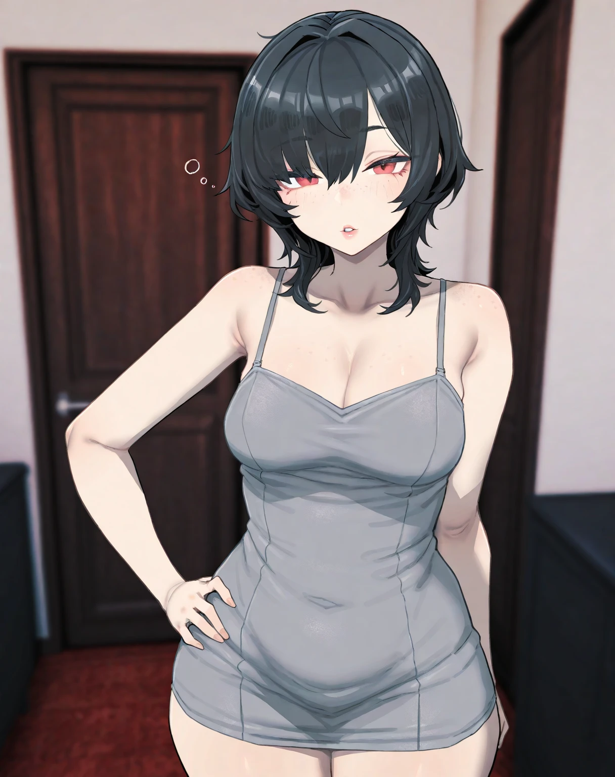 One Girl, (Green Eyes:1.3), Black Hair, pubic hair, break (Grey Shirt:1.5), (Black trousers:1.3), Plain Bikini, Huge breasts, naked, Exposed Skin, (Wet Skin:1.5), (looking return:1.5), Place your hands on your knees, return, Hip, break (indoor:1.2), indoor, (Pink indirect lighting:1.3), 夜 break looking at viewer, From below, Cowboy Shot, break (masterpiece:1.2), highest quality, High resolution, unity 8k wallpaper, (shape:0.8), (Beautiful details:1.6), Highly detailed face, Perfect lighting, Extremely detailed CG, (Perfect hands, Perfect Anatomy),The blue pubic hair is eye-catching