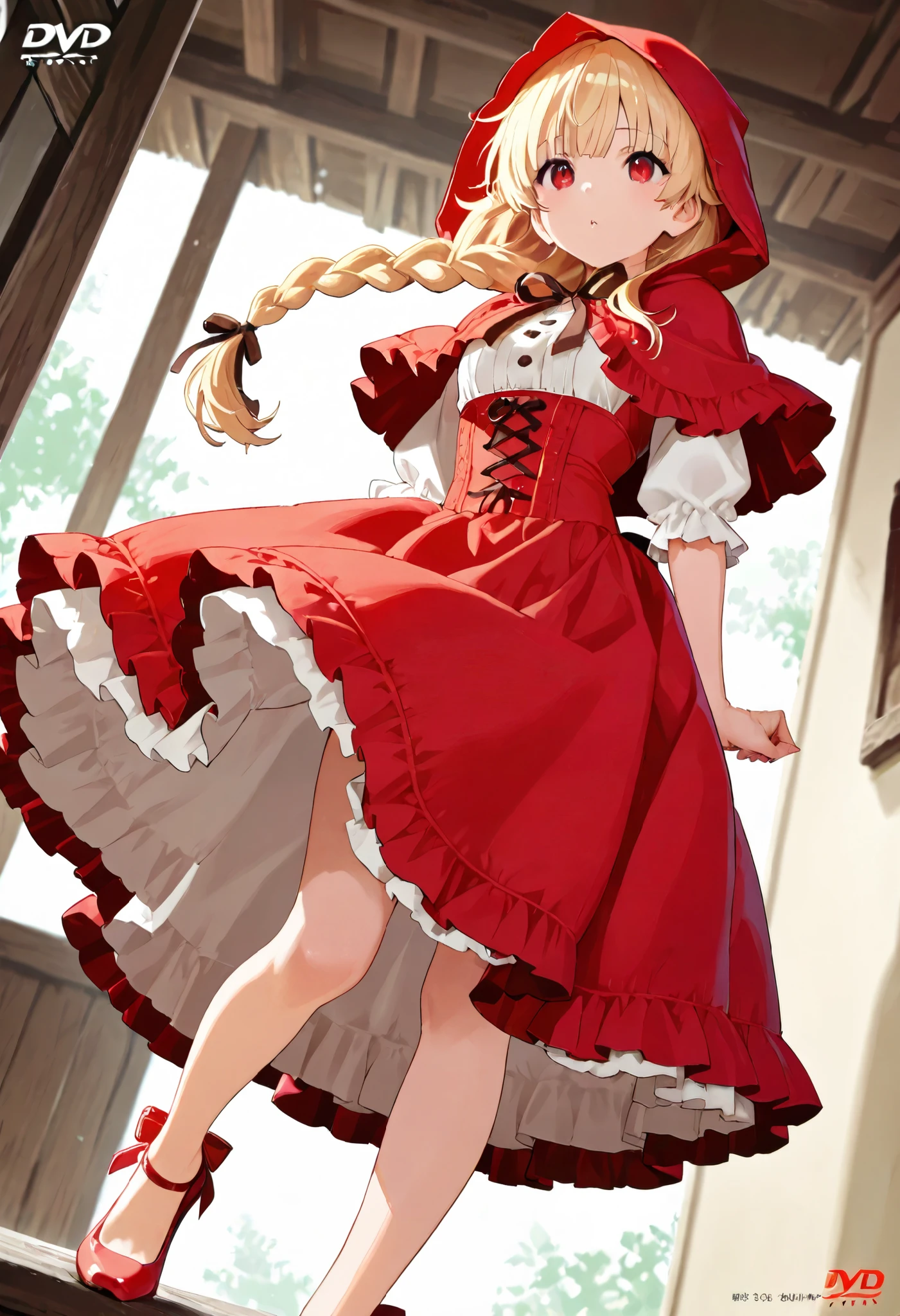 high quality DVD,masterpiece,Alone,girl,bright blonde,red eyes, one big braid, Little Red Riding Hood girl,ruffle dress,dark brown ribbon at the waist, red pumps ,