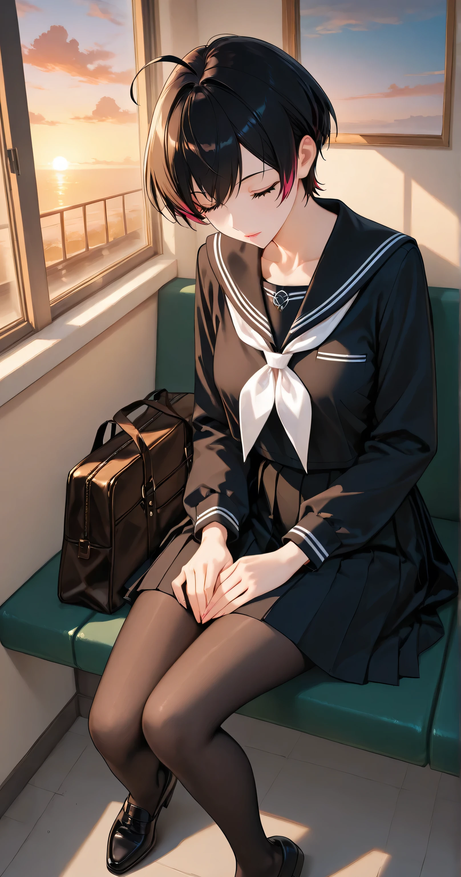 Anime girl sitting on a bench with a bag and a handbag - SeaArt AI