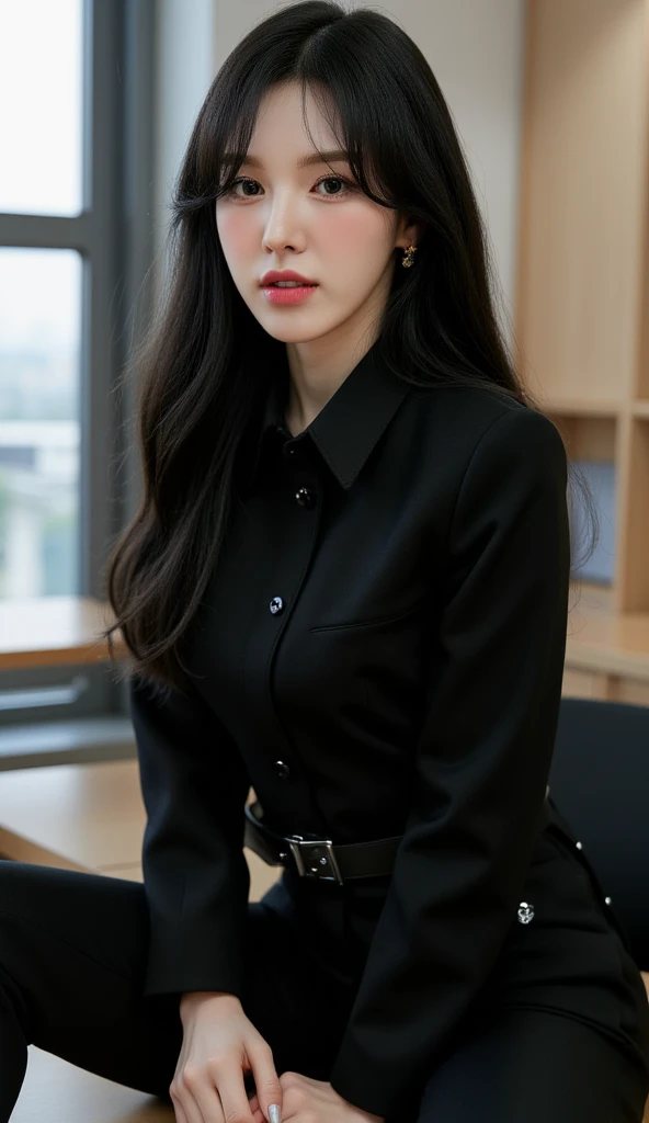 ((best quality, 8K, masterpiece :1.3)), 1 woman, whole body, beautiful woman, hidden face, very detailed face, very detailed eyes, double eyelid, long hair, black hair, face slimming, big bust, black dress shirt, black skirt, office,
