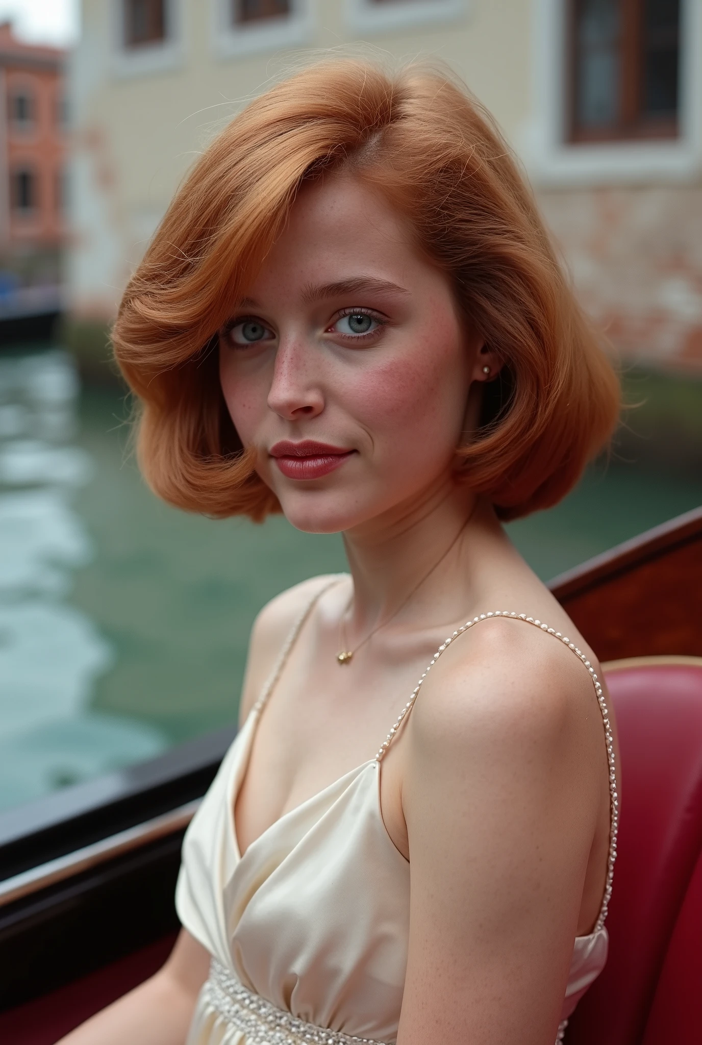 Beautiful young Gillian Andersion wearing a satin summer dress (gondola ride in venice), very detailed, innocent face, Natural red hair, bob haircut, blue eyes, high resolution, masterpiece, best quality, intricate details, very detailed, sharp focus, Detailed skin, realistic skin Textur, Textur, detailed eyes, Specialist, 4K, charming smile, shot with cannon, 85mm, shallow depth of field, Kodak Vision Farbe, perfectly fitting body, Extremely detailed, Photo_\(ultra\), photorealistic, realistic, post-processing, Maximum attention to detail, Roughness, true life, ultra realistic, Photorealismus, Photografie, 8k uhd, Photografie