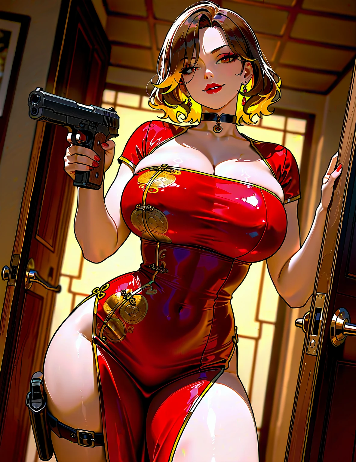 Masterpiece quality. Extremely detailed ada wong, red cheeks. Big boobs and small waist. Pale. Fair skin, large buttocks. She's posing Seductively. Luminous lighting. She's in an old detailed office. Exquisite details. Intricately detailed. Alluring. Sensual. Greasy skin. Elaborate designed