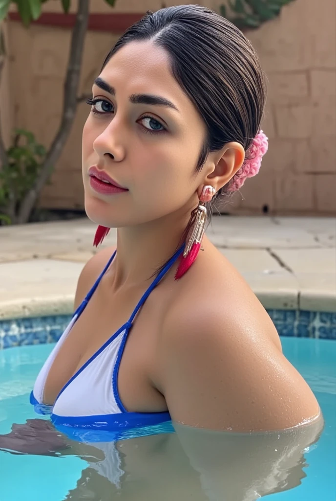 Samantha Ruth Prabhu, Low angle shot, a voluptuous woman holding her breasts, Ai Shinozaki, J-cup. Multi-colored Bikini. Body measurement of 100-70-90. Close-up on her face, beautiful round face, wink, bun, bangs. Smile, Wide Heart-shaped lips that curl up. Tanned glossy skin, Lush vegetation in background, photorealistic, Masterpiece, 8k, taniaayusiregar