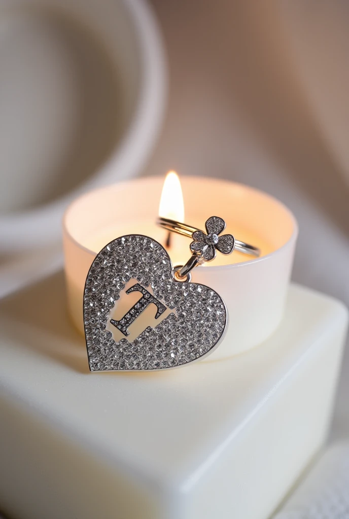 a silver keychain featuring a heart-shaped pendant encrusted with numerous small, sparkling crystals. A capital letter "T" is clearly visible in the center of the heart. A delicate, flower-shaped charm, also encrusted with crystals, hangs from the keychain's ring. The keychain is artfully arranged on top of a white candle, with a softly blurred background suggesting a luxurious and romantic setting. The lighting is soft and highlights the sparkle of the crystals.
