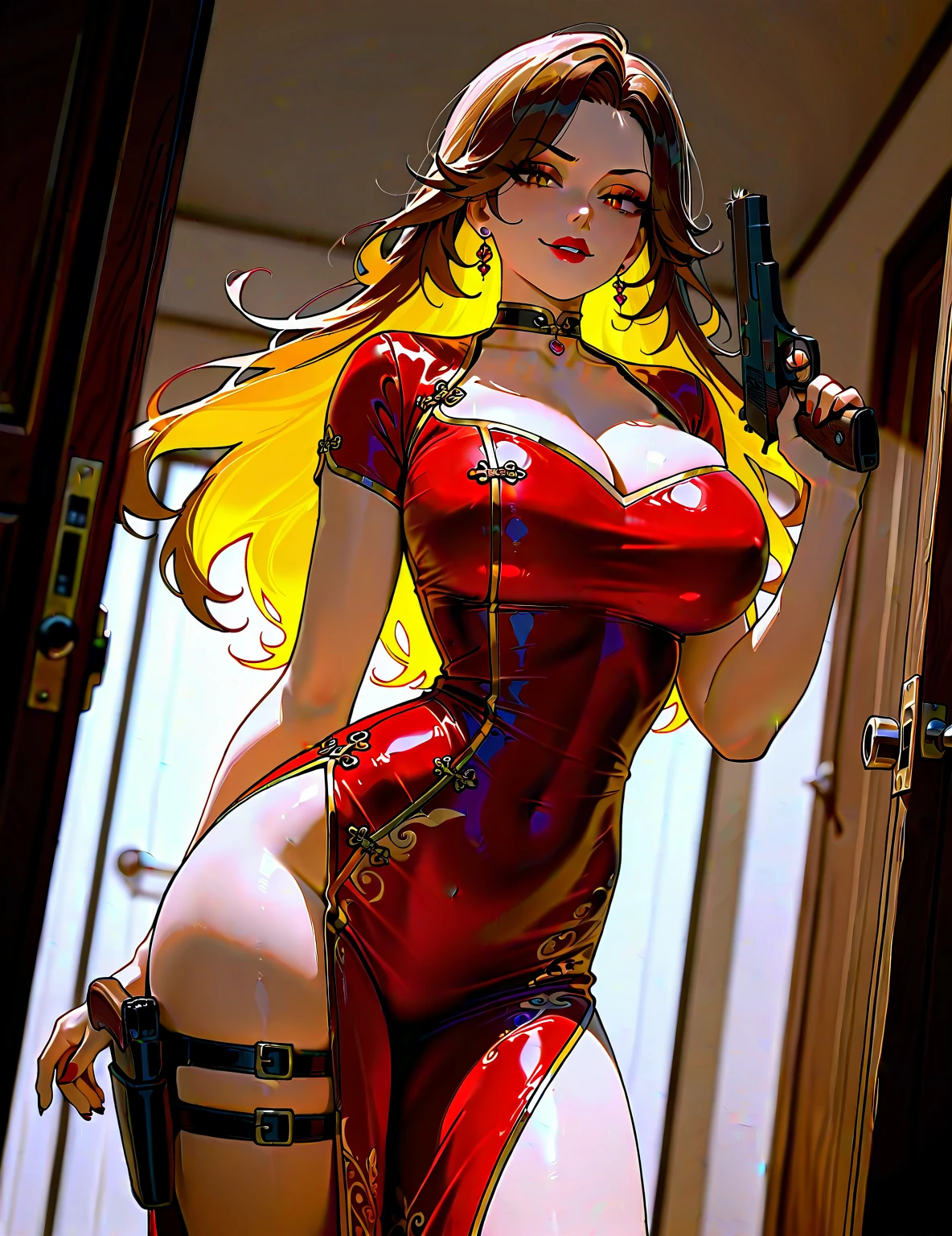 (best quality, 8k, masterpiece, ultra-detailed),vintage Woman 32 years-old pin-up,crossed pantyhosed legs,red straight hair,bangs,beautiful detailed face, big eyelashes,ponytail,little smile,jewerly,((((dress printeded)))),futuristic spaceship scenario