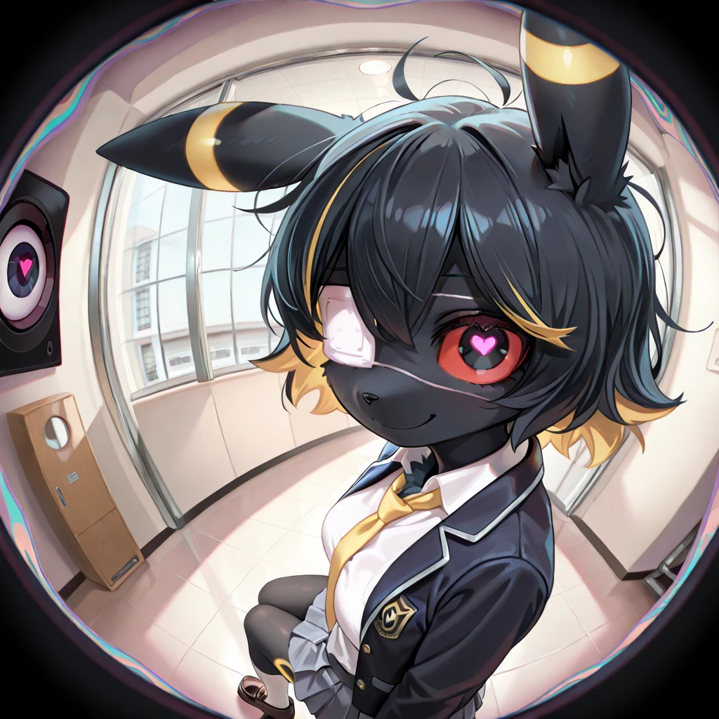 masterpiece, best quality, amazing quality, very aesthetic, high resolution, ultra-detailed, absurdres, newest, scenery, no lineart, cinematic, dynamic angle, solo, ambient lighting, 1girl, anthro, furry, fur, fluffy fur, umbreon girl, black hair (yellow highlights), short hair, messy hair, 19-year-old girl, black eyes, red sclera, hips, medium breasts, thighs, (apartment hallway), detailed, ((monitoring, (right eye focus):1.2, eyepatch, (psychedelic):1.2, heart-shaped pupils, smile, colors, fisheye, pov peephole, medical eyepatch, eyeball, from side, looking at viewer)), school uniform, collared shirt, necktie, jacket, open jacket, long sleeves, pleated skirt, loafers, socks