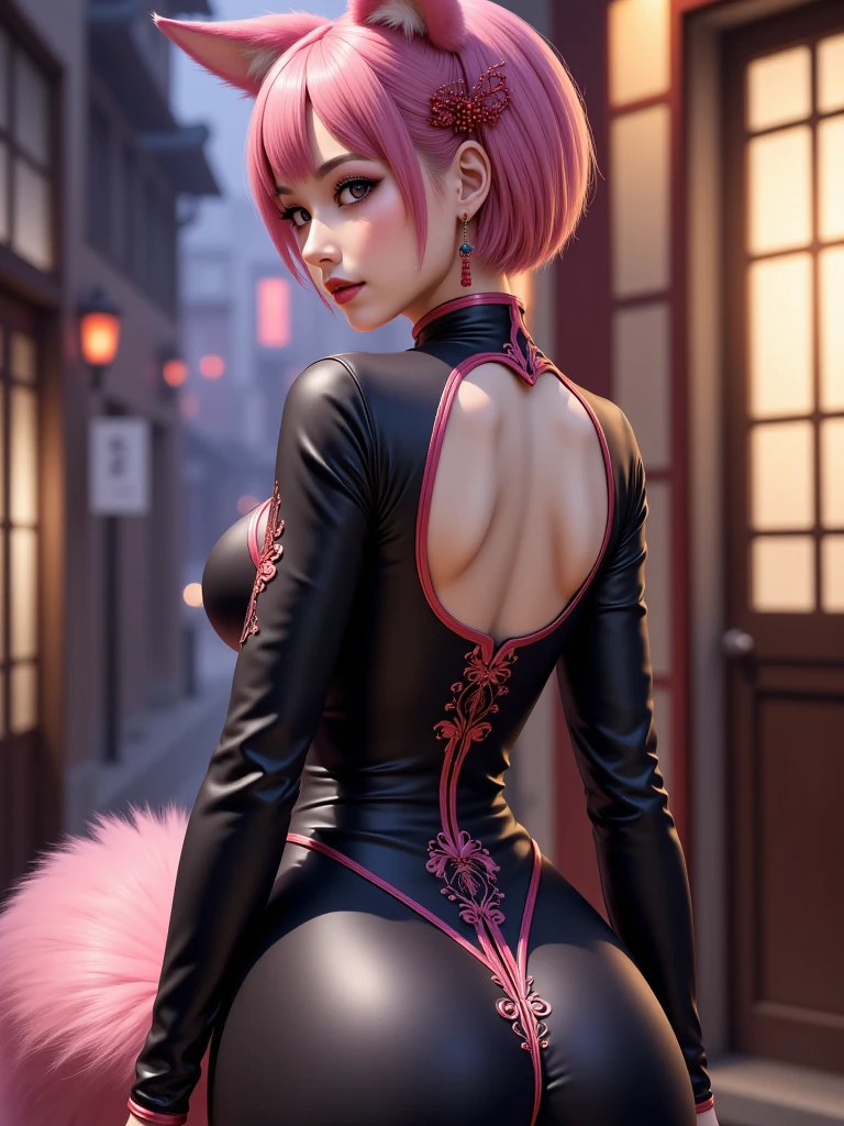 young woman, pale skin, long bubblegum pink hair, wide forehead, emerald green eyes, buttoned nose, peach lips, heart-shaped face, slender, black leather dress, small breasts, Sakura Haruno, 3d, realism
