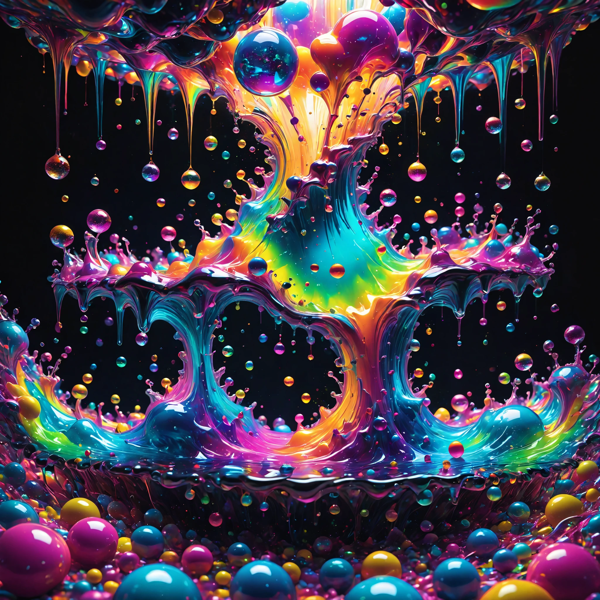 Ultra-realistic, ultra-detailed, photo-realistic, cinematic lighting, cinematic portrait, cinematic photography, portrait photography, cinematography, full focus, UHDR, hyperrealistic,3D.Balls and orbs are quickly filling with multicolored liquid from melted candy pieces that soon overflow from one glass orb into another in a psychedelic dream, brought on by psilocybin and a fever. Perfectly formed 360° symmetrical glass spheres rise up in an inky black liquid solution. The melting candy is heavier than the solution, and they are overflowing into glass spheres floating beneath them. When they reach a certain height, they catch on fire and spin counterclockwise to the ground where more spheres rise up in their place. Beautiful psychedelic digital art, pixel art, neon colors, 4d mandelbulb psychedelics, glass like psychedelic landscape, intricate rainbow colored candy melt environment. Black liquid background air bubbles rise up and reflect light with psychedelic underwater brightness. LSD,DMT, Psilocybin, Mescaline, trails of color and light, bright fluorescent colors, psychedelic trip, fluorescent psychedelic aesthetic, psychedelic vibrant colors. Small portals blow bright bubbles up among the glass spheres. The bubbles are lighter and rise faster in bright psychedelic neon colors, colorful paint drips out of the bubbles as they rise high enough in 3D glory. Glass spheres melt into each other spilling out colours, visually disorienting, hallucination inducing, optical illusions a must, startling, stunning images, awe inspiringly, best quality wallpaper, Pixel Assets, Portrait photography, surrealism, Photorealistic, Hyperdetailed, Glass Morphism, Digital Art, Sparkle, Optical Illusion, Glowing Light, Reflection Light, Overexposure, God rays Backlighting, Depth Of Field, Rotational Symmetry, UHD, High Details, High Quality, Super Detailed, Best Quality, incorporate a lot of neon green, neon pink, and electric blue edging ,trim and white lightning.Looking at viewer,