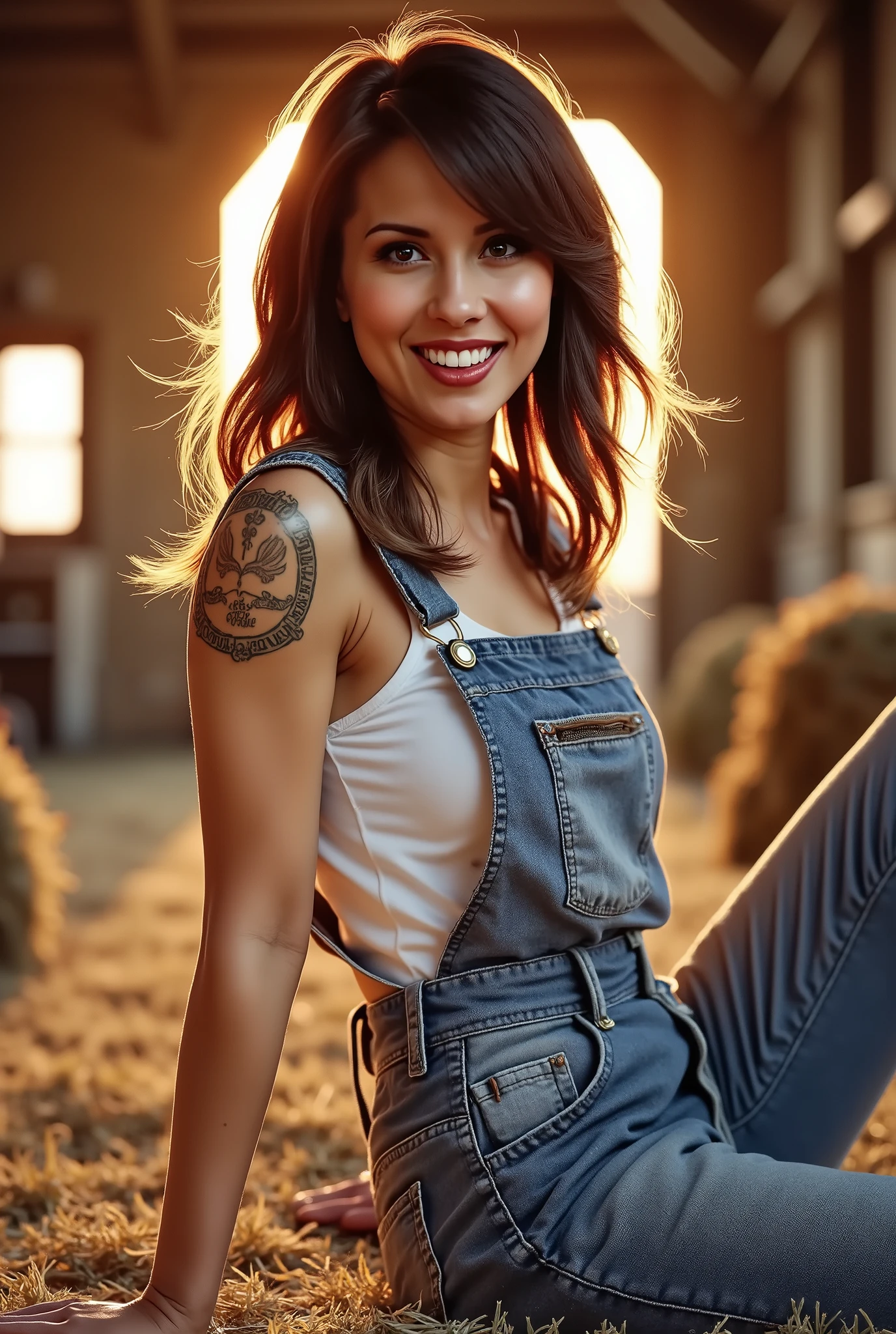 (Best quality, hyperrealistic, 8k, 32k, Masterpiece, UHD:1.2), full-body shot of a smiling happy woman with long, flowing hair, dark eyes, and glowing skin, reclining on a bale of hay in a rustic barn. She has a perfect smile. She wears a pair of worn denim overalls and a white tank top, with one strap slipping off her shoulder. The soft light of the setting sun filters through the barn windows, casting a warm glow on her skin.