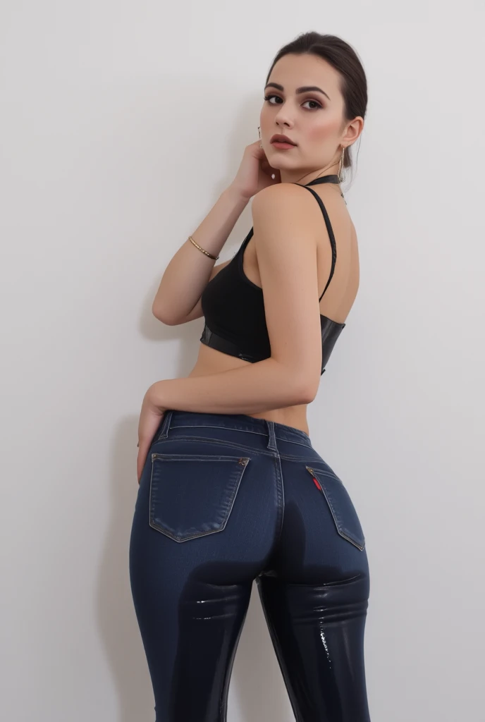 (pp clothes), side view, soccer mom, black hair, bangs, goth, Beautiful woman in skinny jeans,Plump buttocks,The back is charming,Full body photo receding into the distance, tattoos, piercing