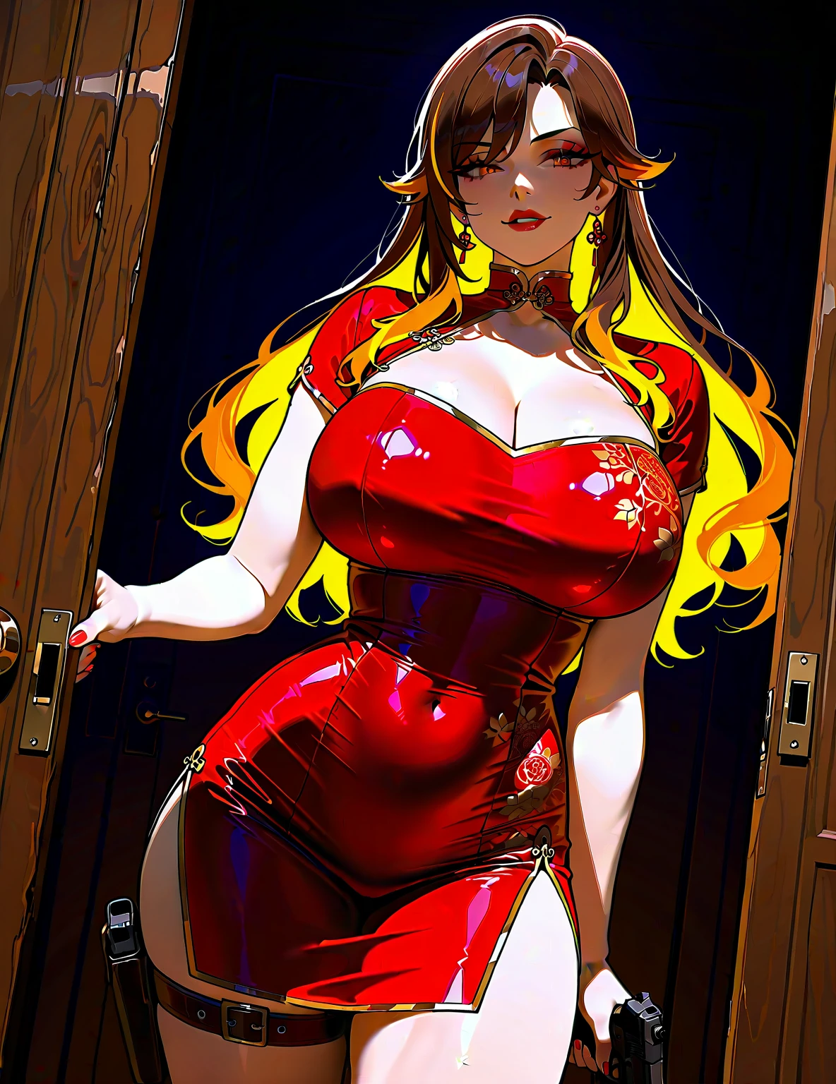 a close up of anime woman in a red latex outfit holding a red apple, ann takamaki from persona 5, latex outfits, attractive cat girl, very sexy devil outfit, cyberpunk glossy latex suit, cgsociety inspired, cgsociety masterpiece, amouranth, cat woman, rubber and latex, latex dress, all red, anton fadeev 8 k, wearing latex, anime style