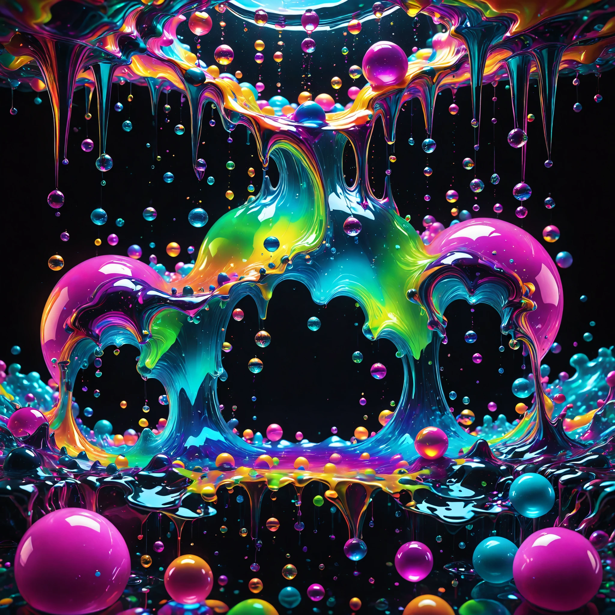 Ultra-realistic, ultra-detailed, photo-realistic, cinematic lighting, cinematic portrait, cinematic photography, portrait photography, cinematography, full focus, UHDR, hyperrealistic,3D.Balls and orbs are quickly filling with multicolored liquid from melted candy pieces that soon overflow from one glass orb into another in a psychedelic dream, brought on by psilocybin and a fever. Perfectly formed 360° symmetrical glass spheres rise up in an inky black liquid solution. The melting candy is heavier than the solution, and they are overflowing into glass spheres floating beneath them. When they reach a certain height, they catch on fire and spin counterclockwise to the ground where more spheres rise up in their place. Beautiful psychedelic digital art, pixel art, neon colors, 4d mandelbulb psychedelics, glass like psychedelic landscape, intricate rainbow colored candy melt environment. Black liquid background air bubbles rise up and reflect light with psychedelic underwater brightness. LSD,DMT, Psilocybin, Mescaline, trails of color and light, bright fluorescent colors, psychedelic trip, fluorescent psychedelic aesthetic, psychedelic vibrant colors. Small portals blow bright bubbles up among the glass spheres. The bubbles are lighter and rise faster in bright psychedelic neon colors, colorful paint drips out of the bubbles as they rise high enough in 3D glory. Glass spheres melt into each other spilling out colours, visually disorienting, hallucination inducing, optical illusions a must, startling, stunning images, awe inspiringly, best quality wallpaper, Pixel Assets, Portrait photography, surrealism, Photorealistic, Hyperdetailed, Glass Morphism, Digital Art, Sparkle, Optical Illusion, Glowing Light, Reflection Light, Overexposure, God rays Backlighting, Depth Of Field, Rotational Symmetry, UHD, High Details, High Quality, Super Detailed, Best Quality, incorporate a lot of neon green, neon pink, and electric blue edging ,trim and white lightning.Looking at viewer,