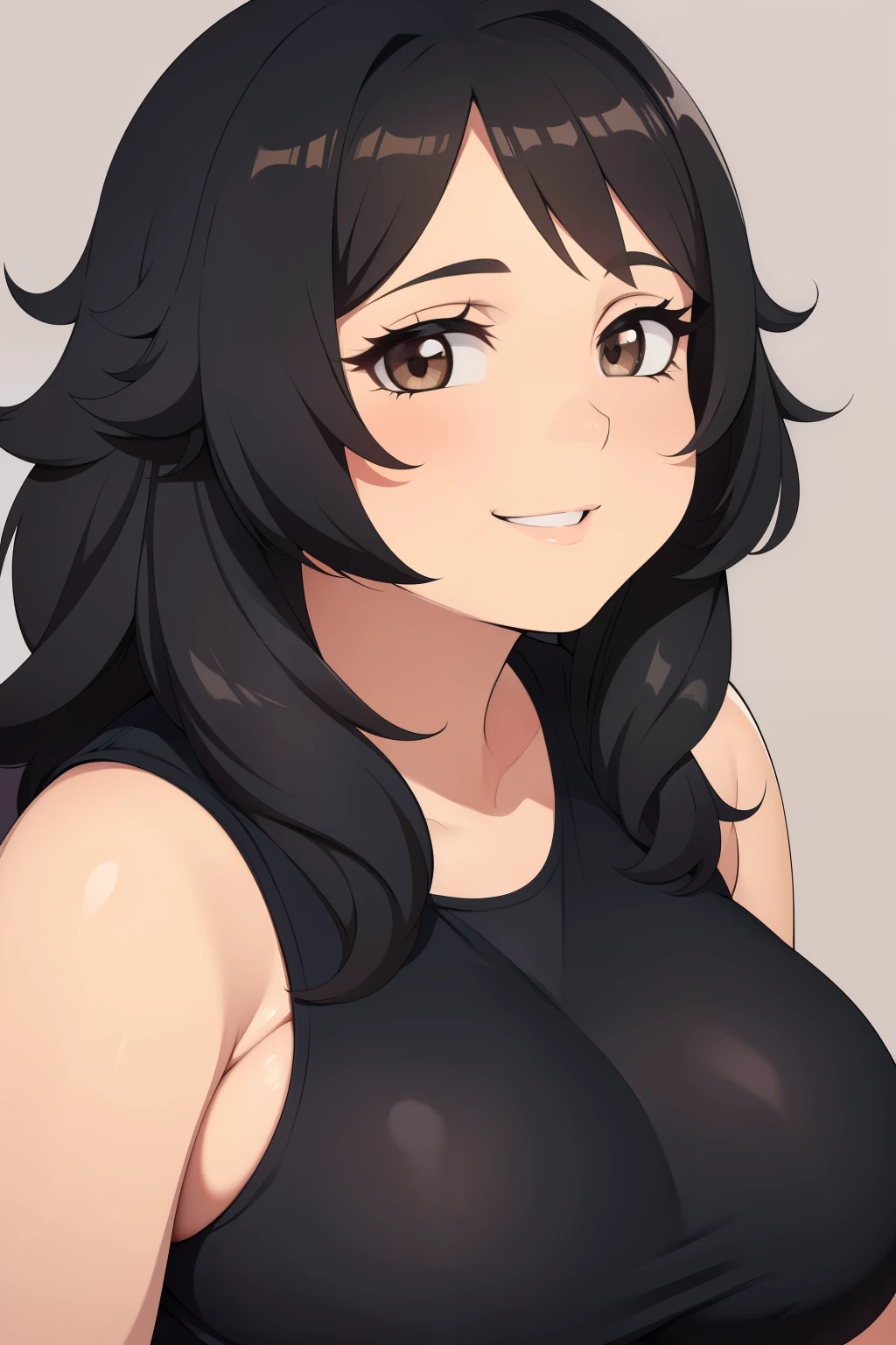 Chubby with big breasts black hair brown eyes long messy hair smiling