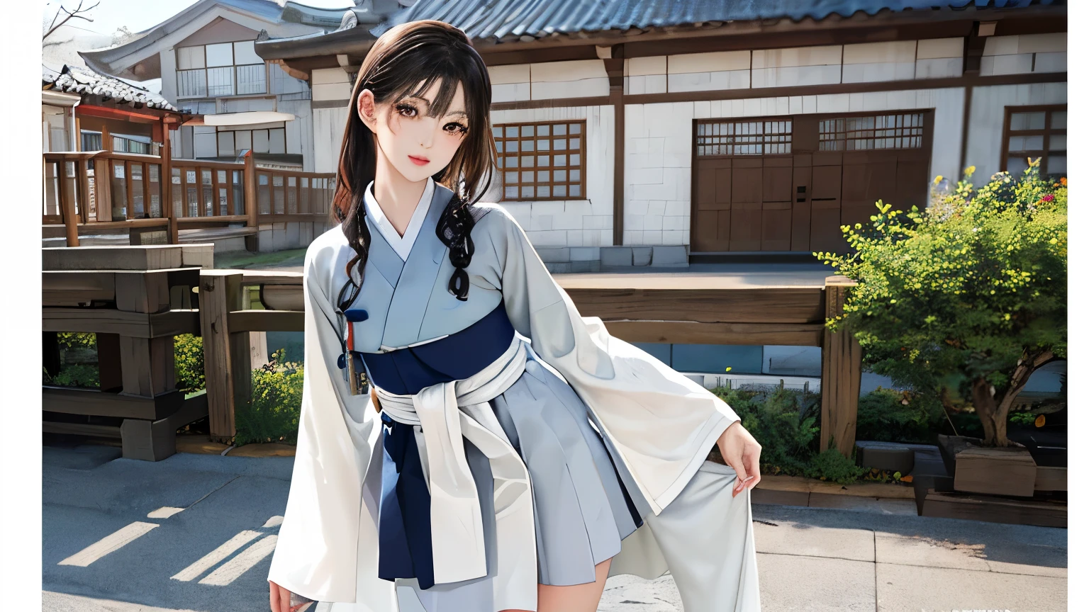 beautiful Korean woman,Joseon Dynasty background,Hanbok outfit,showing her upper body up to her waist,고화질,Clear Features,standing in front of a tiled house in front of a village,Scenery,person,Traditional clothing,Realistic,4K,detailed description,Natural light,traditional architecture,Realistic 채색,Korean painting style,oil painting,high resolution,Vivid Colors, rich texture ,The posture is sitting on the floor with both legs spread apart and the right leg raised above