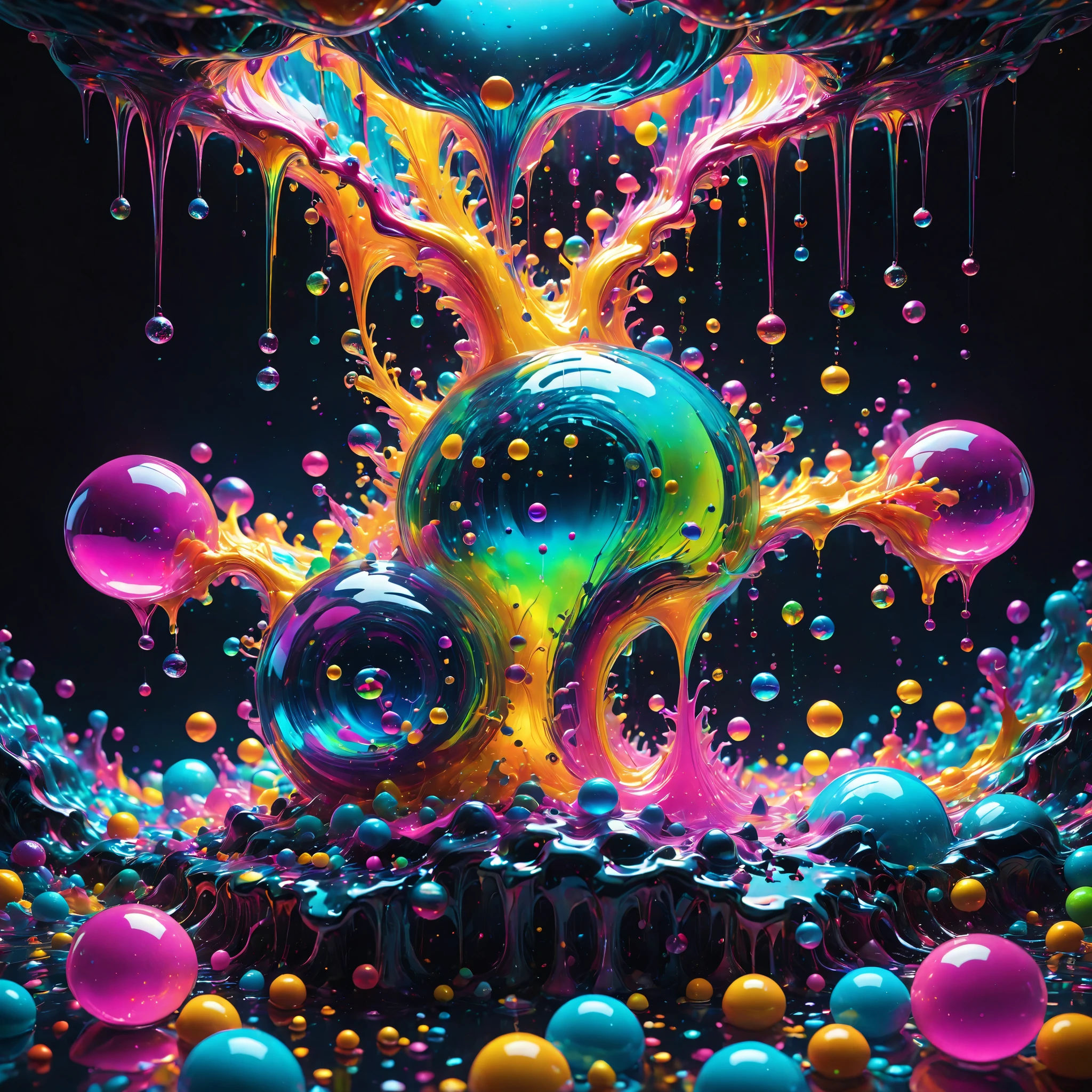Ultra-realistic, ultra-detailed, photo-realistic, cinematic lighting, cinematic portrait, cinematic photography, portrait photography, cinematography, full focus, UHDR, hyperrealistic,3D.Balls and orbs are quickly filling with multicolored liquid from melted candy pieces that soon overflow from one glass orb into another in a psychedelic dream, brought on by psilocybin and a fever. Perfectly formed 360° symmetrical glass spheres rise up in an inky black liquid solution. The melting candy is heavier than the solution, and they are overflowing into glass spheres floating beneath them. When they reach a certain height, they catch on fire and spin counterclockwise to the ground where more spheres rise up in their place. Beautiful psychedelic digital art, pixel art, neon colors, 4d mandelbulb psychedelics, glass like psychedelic landscape, intricate rainbow colored candy melt environment. Black liquid background air bubbles rise up and reflect light with psychedelic underwater brightness. LSD,DMT, Psilocybin, Mescaline, trails of color and light, bright fluorescent colors, psychedelic trip, fluorescent psychedelic aesthetic, psychedelic vibrant colors. Small portals blow bright bubbles up among the glass spheres. The bubbles are lighter and rise faster in bright psychedelic neon colors, colorful paint drips out of the bubbles as they rise high enough in 3D glory. Glass spheres melt into each other spilling out colours, visually disorienting, hallucination inducing, optical illusions a must, startling, stunning images, awe inspiringly, best quality wallpaper, Pixel Assets, Portrait photography, surrealism, Photorealistic, Hyperdetailed, Glass Morphism, Digital Art, Sparkle, Optical Illusion, Glowing Light, Reflection Light, Overexposure, God rays Backlighting, Depth Of Field, Rotational Symmetry, UHD, High Details, High Quality, Super Detailed, Best Quality, incorporate a lot of neon green, neon pink, and electric blue edging ,trim and white lightning.Looking at viewer,