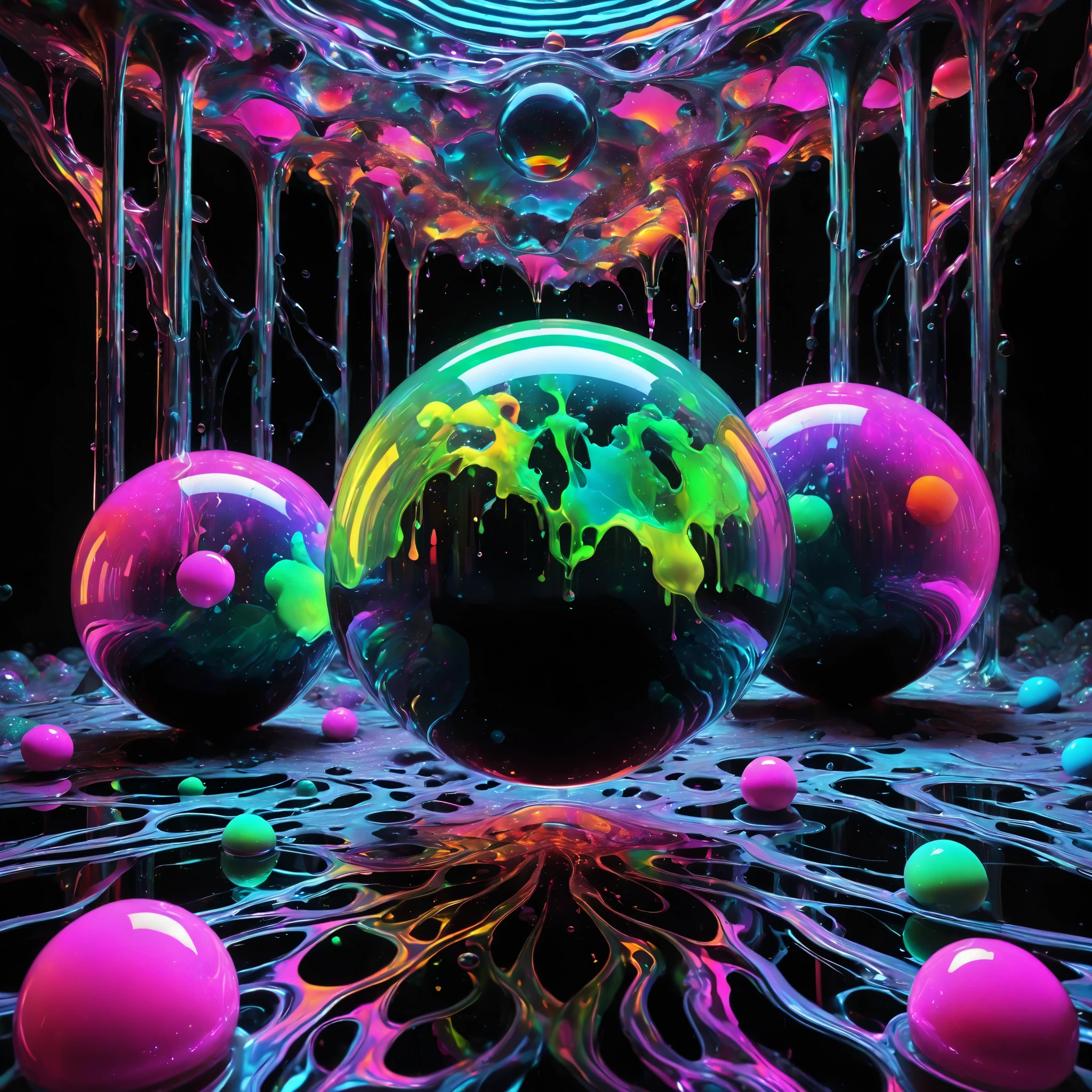 Ultra-realistic, ultra-detailed, photo-realistic, cinematic lighting, cinematic portrait, cinematic photography, portrait photography, cinematography, full focus, UHDR, hyperrealistic,3D.Balls and orbs are quickly filling with multicolored liquid from melted candy pieces that soon overflow from one glass orb into another in a psychedelic dream, brought on by psilocybin and a fever. Perfectly formed 360° symmetrical glass spheres rise up in an inky black liquid solution. The melting candy is heavier than the solution, and they are overflowing into glass spheres floating beneath them. When they reach a certain height, they catch on fire and spin counterclockwise to the ground where more spheres rise up in their place. Beautiful psychedelic digital art, pixel art, neon colors, 4d mandelbulb psychedelics, glass like psychedelic landscape, intricate rainbow colored candy melt environment. Black liquid background air bubbles rise up and reflect light with psychedelic underwater brightness. LSD,DMT, Psilocybin, Mescaline, trails of color and light, bright fluorescent colors, psychedelic trip, fluorescent psychedelic aesthetic, psychedelic vibrant colors. Small portals blow bright bubbles up among the glass spheres. The bubbles are lighter and rise faster in bright psychedelic neon colors, colorful paint drips out of the bubbles as they rise high enough in 3D glory. Glass spheres melt into each other spilling out colours, visually disorienting, hallucination inducing, optical illusions a must, startling, stunning images, awe inspiringly, best quality wallpaper, Pixel Assets, Portrait photography, surrealism, Photorealistic, Hyperdetailed, Glass Morphism, Digital Art, Sparkle, Optical Illusion, Glowing Light, Reflection Light, Overexposure, God rays Backlighting, Depth Of Field, Rotational Symmetry, UHD, High Details, High Quality, Super Detailed, Best Quality, incorporate a lot of neon green, neon pink, and electric blue edging ,trim and white lightning.Looking at viewer,