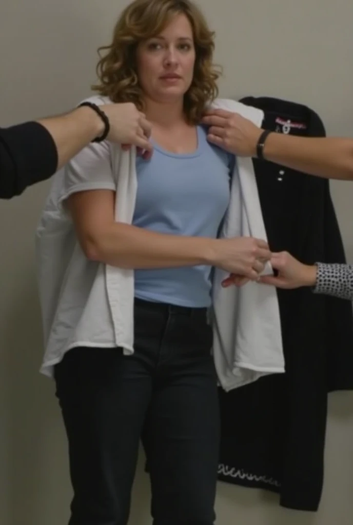 a woman wearing an oversized t-shirt and men’s black under armour boxer shorts. She is shocked. She is squeezing her breasts in disbelief