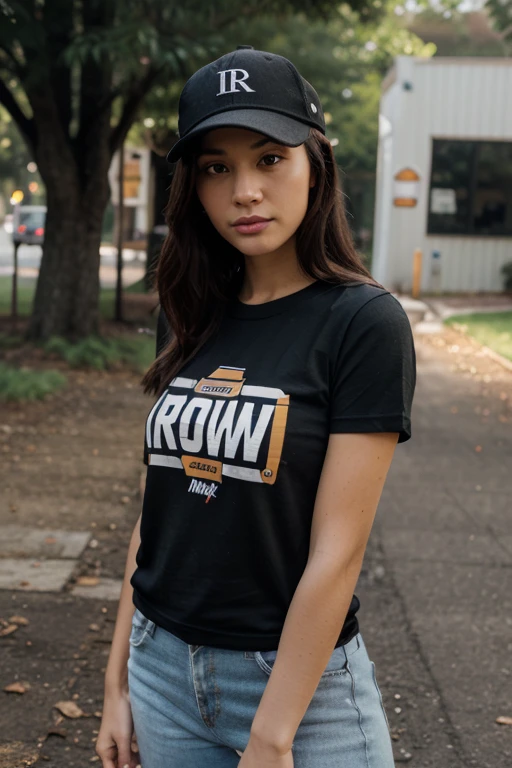 Pretty influencer late 20’s with wavy brown hair, grey eyes, professional makeup, wearing a black t-shirt