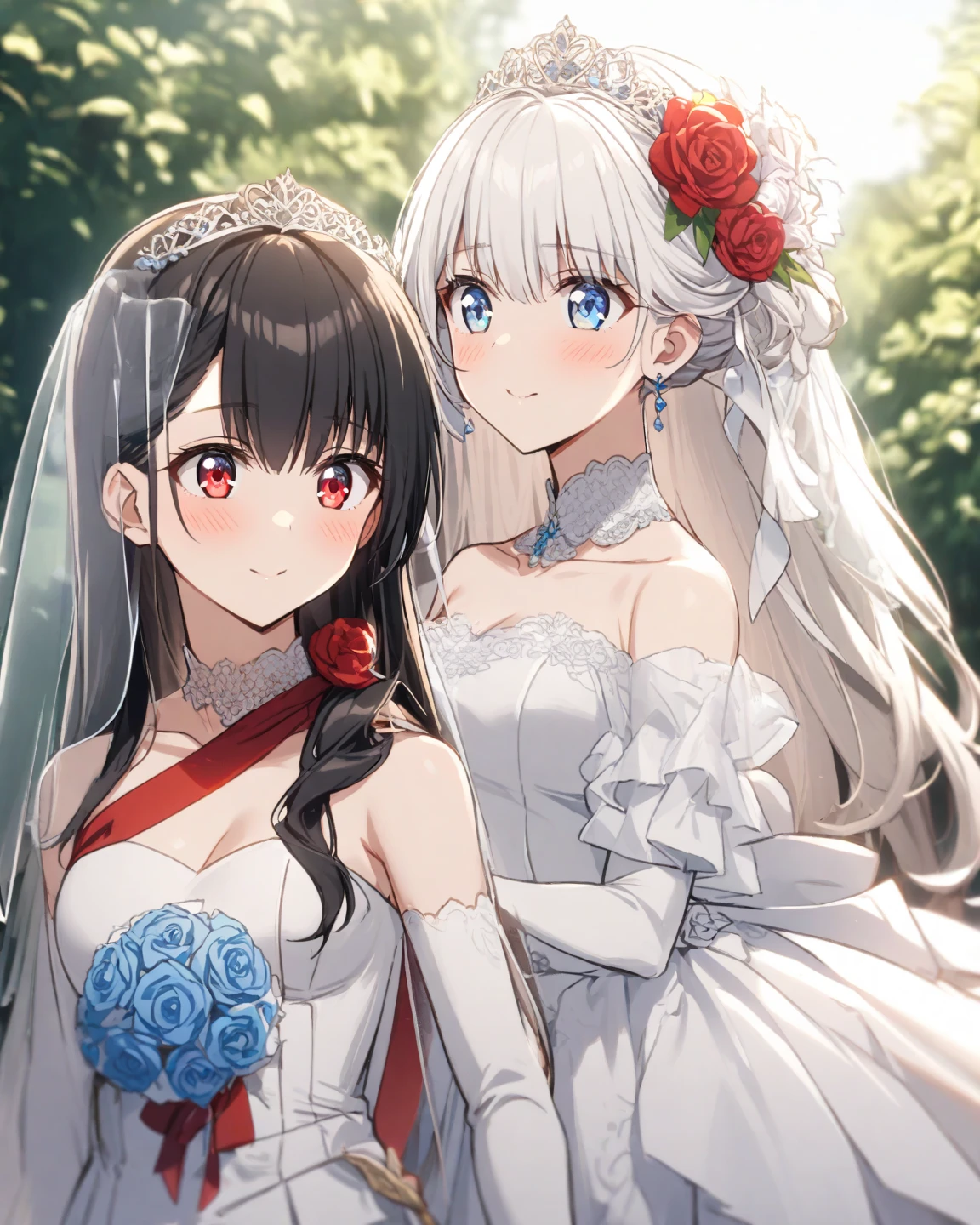 holding a bouquet、Are standing、Upper Body, Realistic, real person, (pale skin: 1.2), RAW photo, photorealistic, portrait photography, shiny skin, shiny hair、(25 year old woman with long hair with bangs) and (wavy hair) and (black hair with red highlights) and (red eyes), (white) and (Wedding dress、Veil)、smile, open moth, The background is a church、Alone、