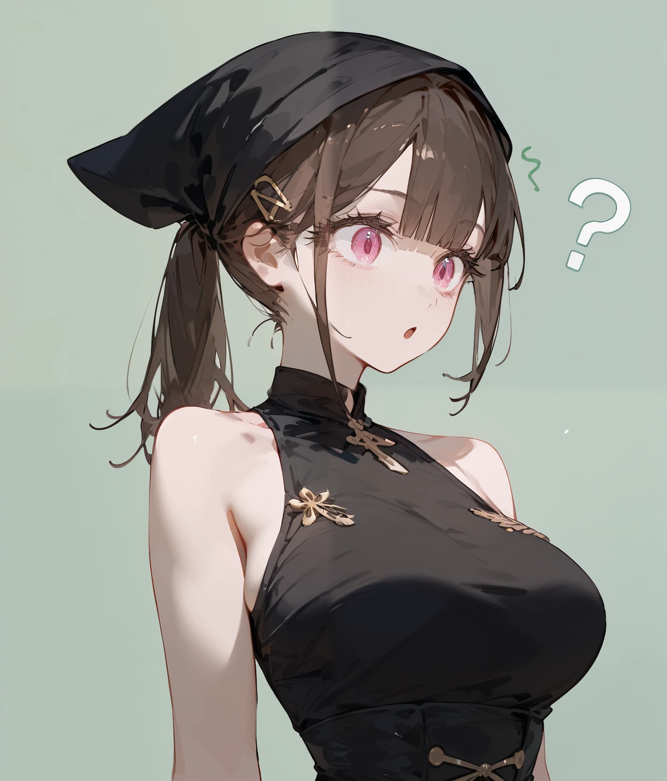 girl,wearing a sleeveless black dress,Dark Brown Hair,In pink eyes ,for short hair, double ponytail,Slim Gold Hairpin,Very thin,big breasts, small waist ,long skirt,Black headscarf, light green background,Long eyelashes,Open your mouth,shy,long hair,Upper Body,Confused,surprised,