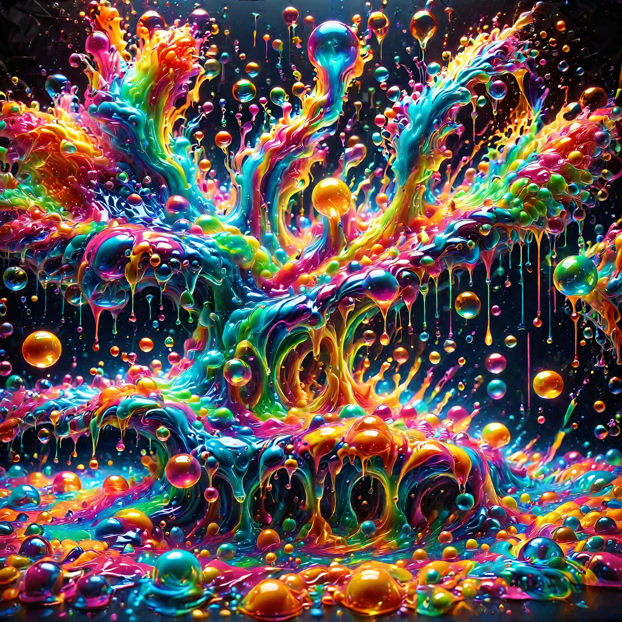 Ultra-realistic, ultra-detailed, photo-realistic, cinematic lighting, cinematic portrait, cinematic photography, portrait photography, cinematography, full focus, UHDR, hyperrealistic,3D.Balls and orbs are quickly filling with multicolored liquid from melted candy pieces that soon overflow from one glass orb into another in a psychedelic dream, brought on by psilocybin and a fever. Perfectly formed 360° symmetrical glass spheres rise up in an inky black liquid solution. The melting candy is heavier than the solution, and they are overflowing into glass spheres floating beneath them. When they reach a certain height, they catch on fire and spin counterclockwise to the ground where more spheres rise up in their place.  Beautiful psychedelic digital art, pixel art, neon colors, 4d mandelbulb psychedelics, glass like psychedelic landscape, intricate rainbow colored candy melt environment. Black liquid background air bubbles rise up and reflect light with psychedelic underwater brightness. LSD,DMT, Psilocybin, Mescaline, trails of color and light, bright fluorescent colors, psychedelic trip, fluorescent psychedelic aesthetic, psychedelic vibrant colors. Small portals blow bright bubbles up among the glass spheres. The bubbles are lighter and rise faster in bright psychedelic neon colors, colorful paint drips out of the bubbles as they rise high enough in 3D glory. Glass spheres melt into each other spilling out colours, visually disorienting, hallucination inducing, optical illusions a must, startling, stunning images, awe inspiringly, best quality wallpaper, Pixel Assets, Portrait photography, surrealism, Photorealistic, Hyperdetailed, Glass Morphism, Digital Art, Sparkle, Optical Illusion, Glowing Light, Reflection Light, Overexposure, God rays Backlighting, Depth Of Field, Rotational Symmetry, UHD, High Details, High Quality, Super Detailed, Best Quality, incorporate a lot of neon green, neon pink, and electric blue edging ,trim and white lightning.Looking at viewer, 