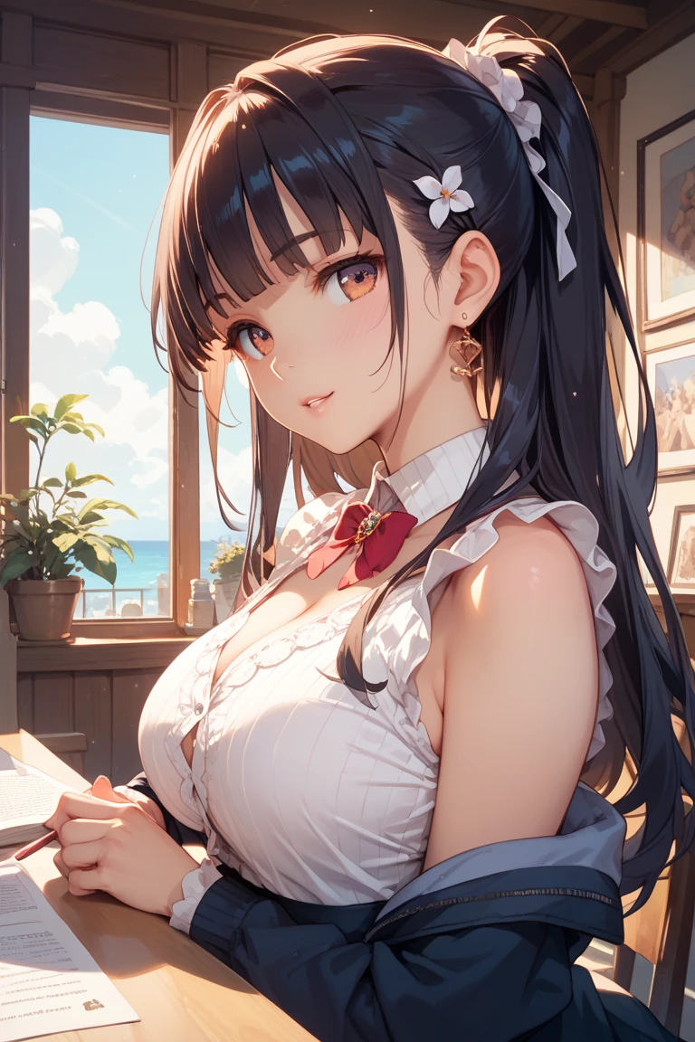 A postcard with a beautiful girl busty gravure idol with "POST CARD" written at the top