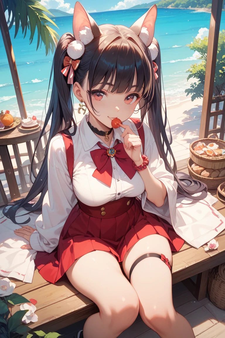 On a sunny day,17 year old girl with long hair,single ponytail,leaking breasts,blush,bow your head,drink cola