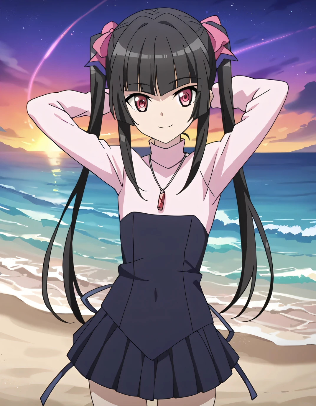 shirabe, pigtails, anime screencap, turtleneck dress, pendant, zettai ryouiki, shiny skin, high quality, solo, night sky, beach, hands behind head, ((contrapposto)), closed mouth, cowboy shot, looking at viewer, smile, best quality