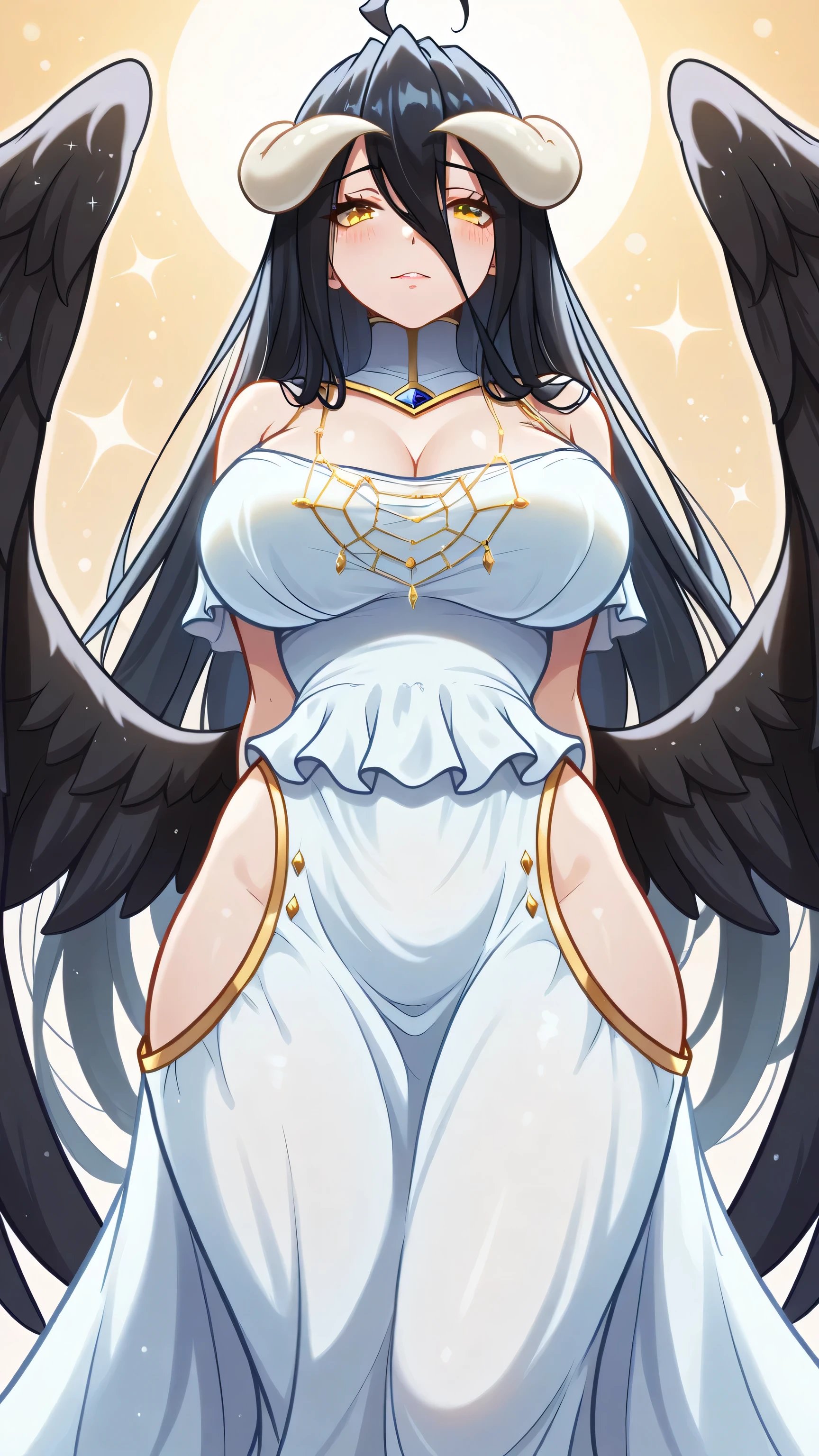 A 20-year-old female angel with long, white hair, orange-yellow eyes, white cat ears, and large white angel wings. yellow halo ring round white glasses white halter turtleneck turtleneck sweater shirt with bare back short white evening shirt White wide arm warmers, standing, looking down