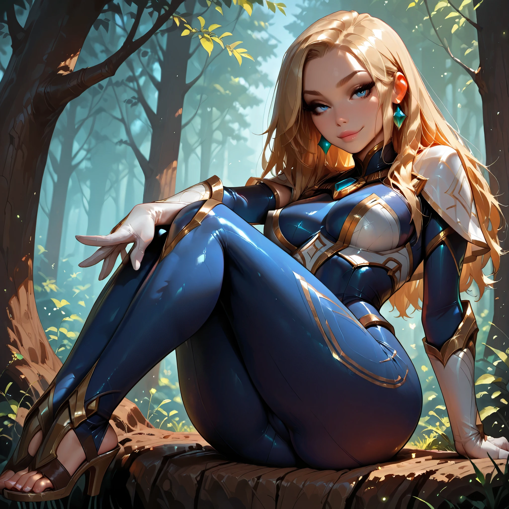8k ultra HD photorealistic image of Lux from League of Legends, beautiful bright blue eyes, long eyelashes, blonde hair, long hair, extremely fine hair flowing over her shoulders, naturally full pink lips, peaky breasts, (toned thighs), (big round ass), curvy body, oval face. Wearing deflux armor, short tight blue bodysuit, white gloves, transparent high-heeled sandals. Seductive expression. with sensual look and light smile. Sitting on a fallen tree in Lonia Sacred Forest, legs folded, one arm resting on trunk, relaxed and sensual pose. Mystical environment with ancient trees, nature spirits, fireflies. Ultra detailed, touch of glamour and luxury, romanticized style, vibrant colors, rich textures. Perfect high-definition eyes, mouth, lips, ears, hands, fingers, feet, legs, knees. Hyper-detailed clothing and environment, intricate light and shadow details. Illustrations inspired by Artgerm, cinematic lighting, photorealistic details, hyper-detailed architecture, perfect composition, hyper-realistic textures, depth of field, award-winning architectural style. Extremely detailed, cinematic color grading, masterpiece quality, symmetrical body and face, artistic and sensual effect, (eyelashes), (ExpresHGothicNeonIncase)
