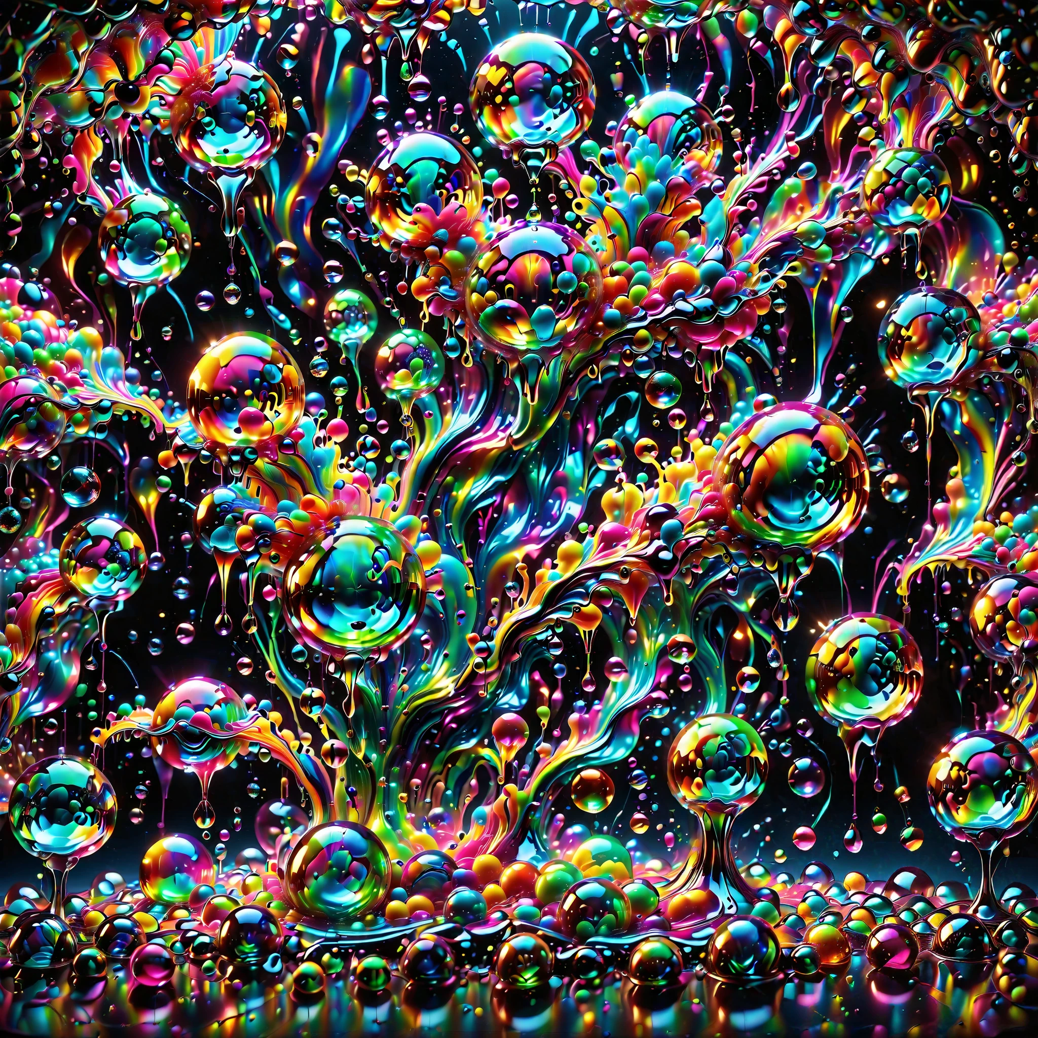 Ultra-realistic, ultra-detailed, photo-realistic, cinematic lighting, cinematic portrait, cinematic photography, portrait photography, cinematography, full focus, UHDR, hyperrealistic,3D.Balls and orbs are quickly filling with multicolored liquid from melted candy pieces that soon overflow from one glass orb into another in a psychedelic dream, brought on by psilocybin and a fever. Perfectly formed 360° symmetrical glass spheres rise up in an inky black liquid solution. The melting candy is heavier than the solution, and they are overflowing into glass spheres floating beneath them. When they reach a certain height, they catch on fire and spin counterclockwise to the ground where more spheres rise up in their place. Beautiful psychedelic digital art, pixel art, neon colors, 4d mandelbulb psychedelics, glass like psychedelic landscape, intricate rainbow colored candy melt environment. Black liquid background air bubbles rise up and reflect light with psychedelic underwater brightness. LSD,DMT, Psilocybin, Mescaline, trails of color and light, bright fluorescent colors, psychedelic trip, fluorescent psychedelic aesthetic, psychedelic vibrant colors. Small portals blow bright bubbles up among the glass spheres. The bubbles are lighter and rise faster in bright psychedelic neon colors, colorful paint drips out of the bubbles as they rise high enough in 3D glory. Glass spheres melt into each other spilling out colours, visually disorienting, hallucination inducing, optical illusions a must, startling, stunning images, awe inspiringly, best quality wallpaper, Pixel Assets, Portrait photography, surrealism, Photorealistic, Hyperdetailed, Glass Morphism, Digital Art, Sparkle, Optical Illusion, Glowing Light, Reflection Light, Overexposure, God rays Backlighting, Depth Of Field, Rotational Symmetry, UHD, High Details, High Quality, Super Detailed, Best Quality, incorporate a lot of neon green, neon pink, and electric blue edging ,trim and white lightning.Looking at viewer,