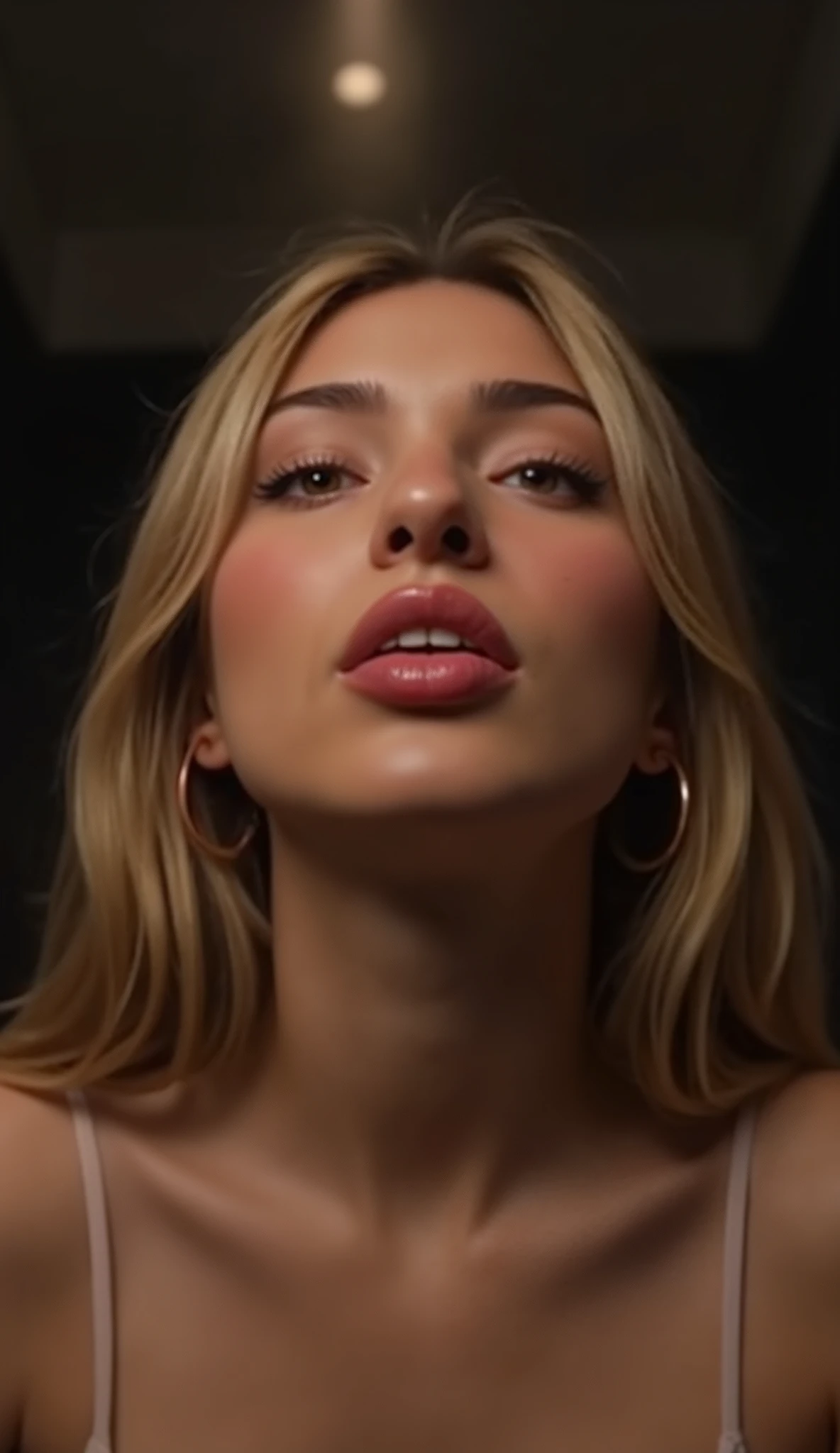 🌟 :

    "highly detailed, 4K, cinematographic, with dramatic light and rich colors. silent: Intensiv, visually impressive and aesthetically appealing."

🌌 :

    "A dark, minimalistic room with a single ray of light, that falls on the scene from above. The background is blurred, to focus completely on the figure."

😈 :

    "a beautiful, luscious blonde bimbo with perfectly styled long hair, that falls over her shoulders. She has great, full lips, accentuated by lip filler, and an expressive face. Your skin is flawless, and her eyes are wide open, with an intense look up. She sticks out her long tongue, and her face shows a groaning, ahegao-like expression."

🔥 :

    " she kneels on the floor, her body is naked and perfectly staged. The camera shows a close-up of her face, that is illuminated from above. Her gaze is directed straight up, and her face shows a mixture of ecstasy and seduction. The mood is intense, dramatic and full of emotional depth."
