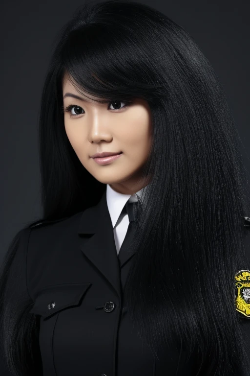 1 Chinese lady, (Realist:1), black hair, thick hair, long hair,hair as long as rapunzel,female police officer,black uniform,black pants,most very quite close,most very angry face,high resolution,looking at the camera, 黑The eye, front portrait;White background image