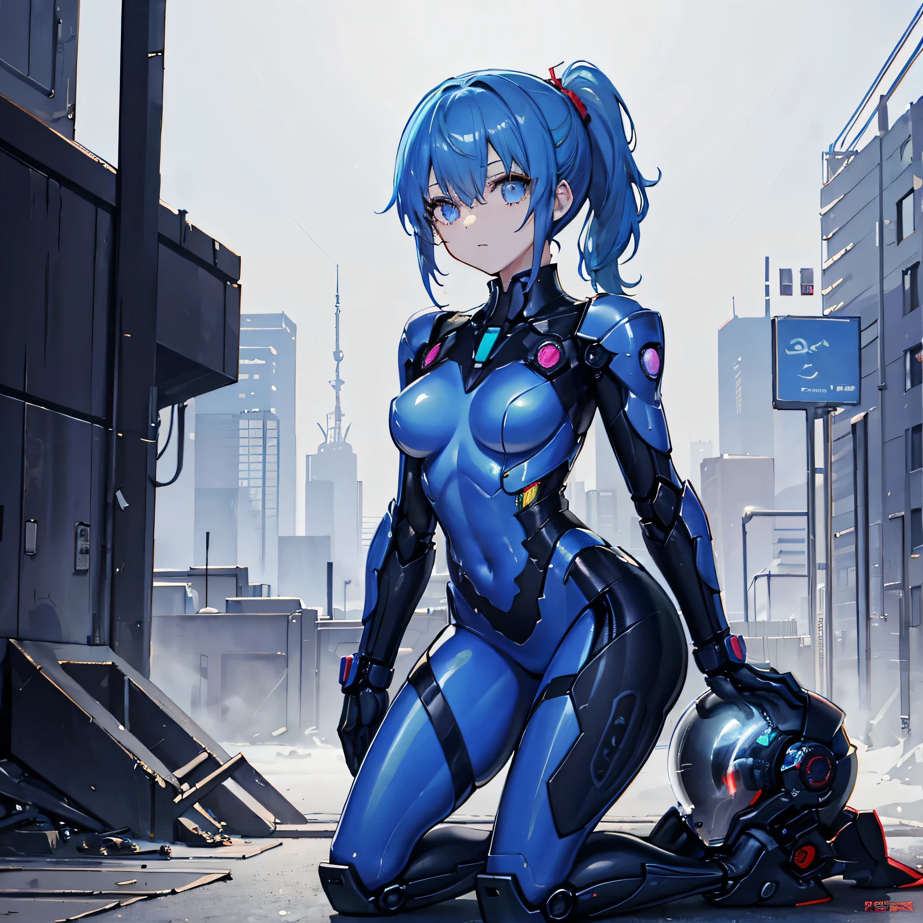 blue hair、masterpiece、Best Quality、1 girl、Shining Eyes、medium breasts、((album cover))、light on face、slender body、 blue costume on the chest、exoskeleton、Metal Gear、cyberpunk style、ponytail、Gundam Pilot、attention arousal,Kneeling pose、futuristic mechanical bike、 helmet