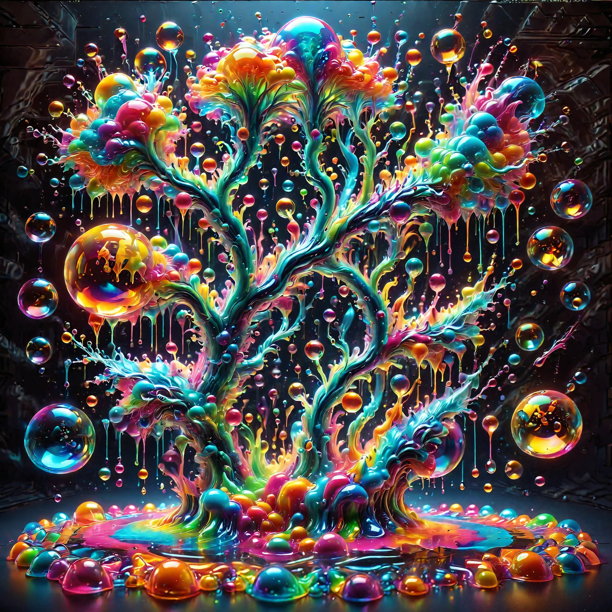 Ultra-realistic, ultra-detailed, photo-realistic, cinematic lighting, cinematic portrait, cinematic photography, portrait photography, cinematography, full focus, UHDR, hyperrealistic,3D.Balls and orbs are quickly filling with multicolored liquid from melted candy pieces that soon overflow from one glass orb into another in a psychedelic dream, brought on by psilocybin and a fever. Perfectly formed 360° symmetrical glass spheres rise up in an inky black liquid solution. The melting candy is heavier than the solution, and they are overflowing into glass spheres floating beneath them. When they reach a certain height, they catch on fire and spin counterclockwise to the ground where more spheres rise up in their place.  Beautiful psychedelic digital art, pixel art, neon colors, 4d mandelbulb psychedelics, glass like psychedelic landscape, intricate rainbow colored candy melt environment. Black liquid background air bubbles rise up and reflect light with psychedelic underwater brightness. LSD,DMT, Psilocybin, Mescaline, trails of color and light, bright fluorescent colors, psychedelic trip, fluorescent psychedelic aesthetic, psychedelic vibrant colors. Small portals blow bright bubbles up among the glass spheres. The bubbles are lighter and rise faster in bright psychedelic neon colors, colorful paint drips out of the bubbles as they rise high enough in 3D glory. Glass spheres melt into each other spilling out colours, visually disorienting, hallucination inducing, optical illusions a must, startling, stunning images, awe inspiringly, best quality wallpaper, Pixel Assets, Portrait photography, surrealism, Photorealistic, Hyperdetailed, Glass Morphism, Digital Art, Sparkle, Optical Illusion, Glowing Light, Reflection Light, Overexposure, God rays Backlighting, Depth Of Field, Rotational Symmetry, UHD, High Details, High Quality, Super Detailed, Best Quality, incorporate a lot of neon green, neon pink, and electric blue edging ,trim and white lightning.Looking at viewer, 